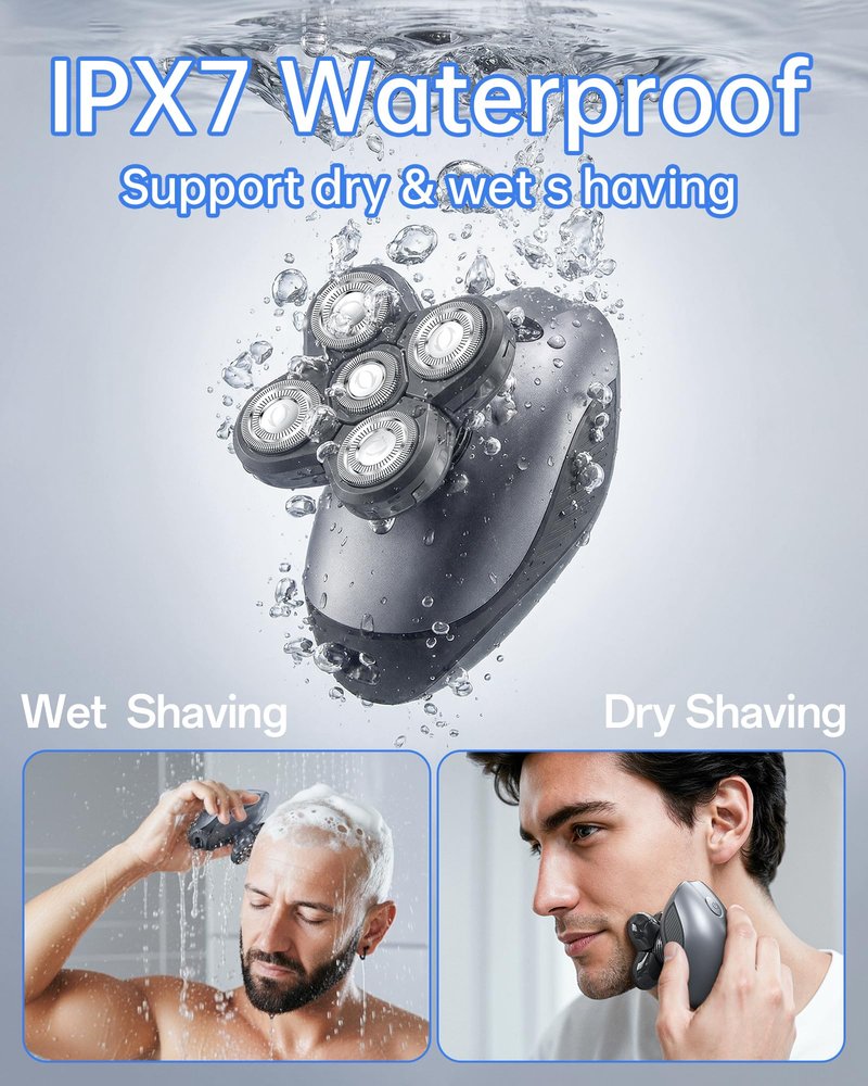 Electric Razor for Men, 5-in-1 Multi-Function Electric Shavers for Men, IPX7 Waterproof Bald Head Shaver with LED Display, Rechargeable Beard Trimmer Body Hair Trimmer, Ideal Gifts for Husband (Black)