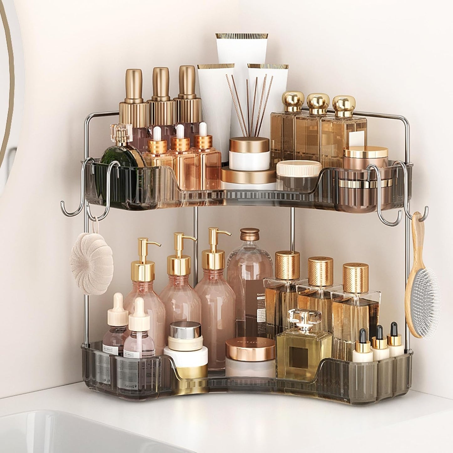 Corner Bathroom Counter Organizer - 3-Tier Storage Shelf with Hooks for Makeup & Skincare | Clear