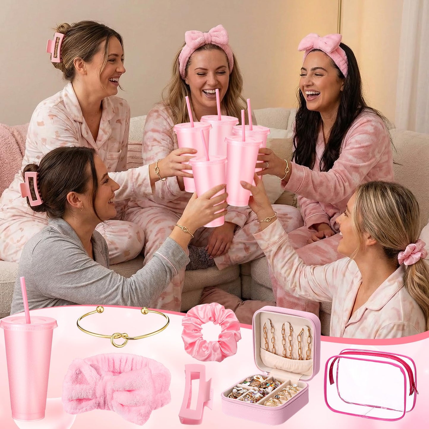 Cunno Pink 42 Pcs Spa Party Favors for Women Sleepover Party Supplies Trip Weekend Gift Headband Scrunchies Hair Clip Bracelet Jewelry Case Makeup Bag Plastic Cups for Bridesmaid Return Gifts