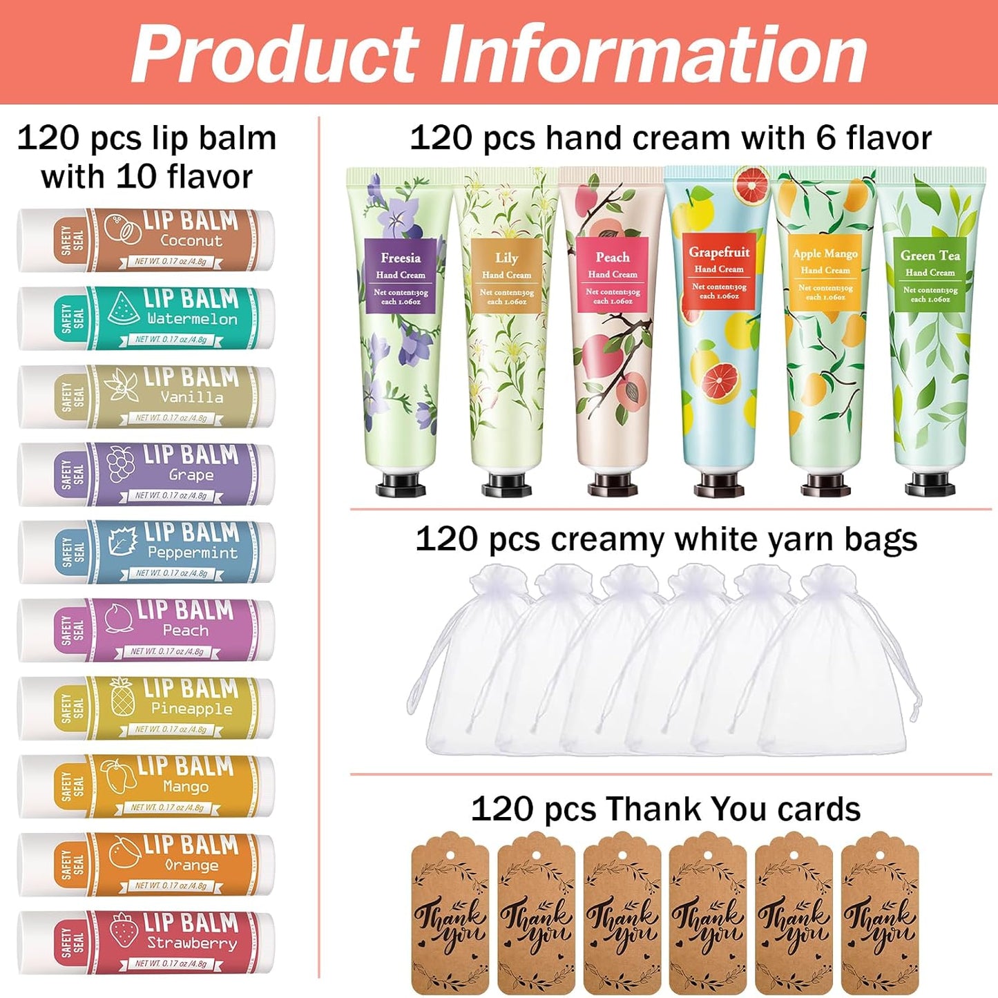 Hand Cream and Lip Balm Gift Set - 120 Bulk Sets with Organza Bag | Perfect for Baby Showers, Weddings, and Mother's Day