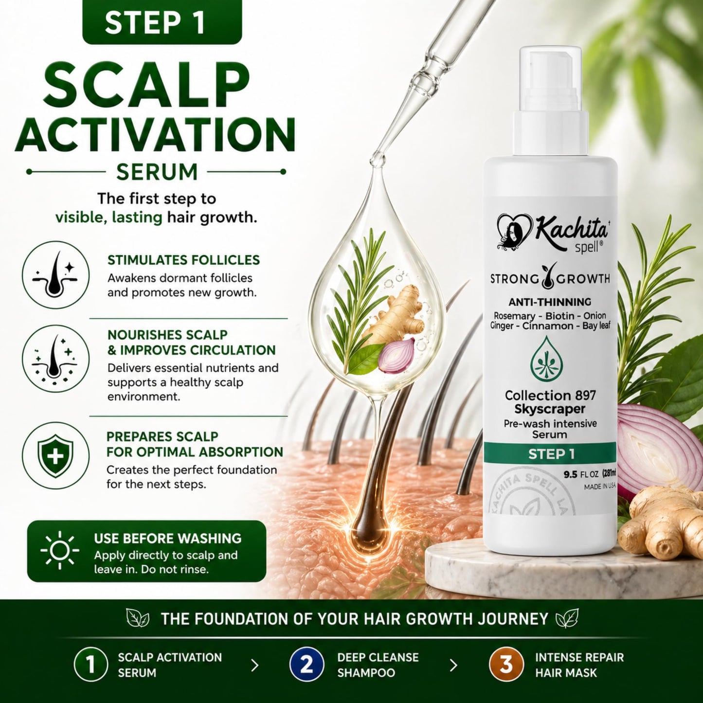 Kachita Spell Strong Growth Hair Care Set – Shampoo, Hair Mask & Serum with Biotin, Rosemary, Onion & Ginger – Anti-Thinning Hair Routine for Fuller, Stronger-Looking Hair, For Men & Women