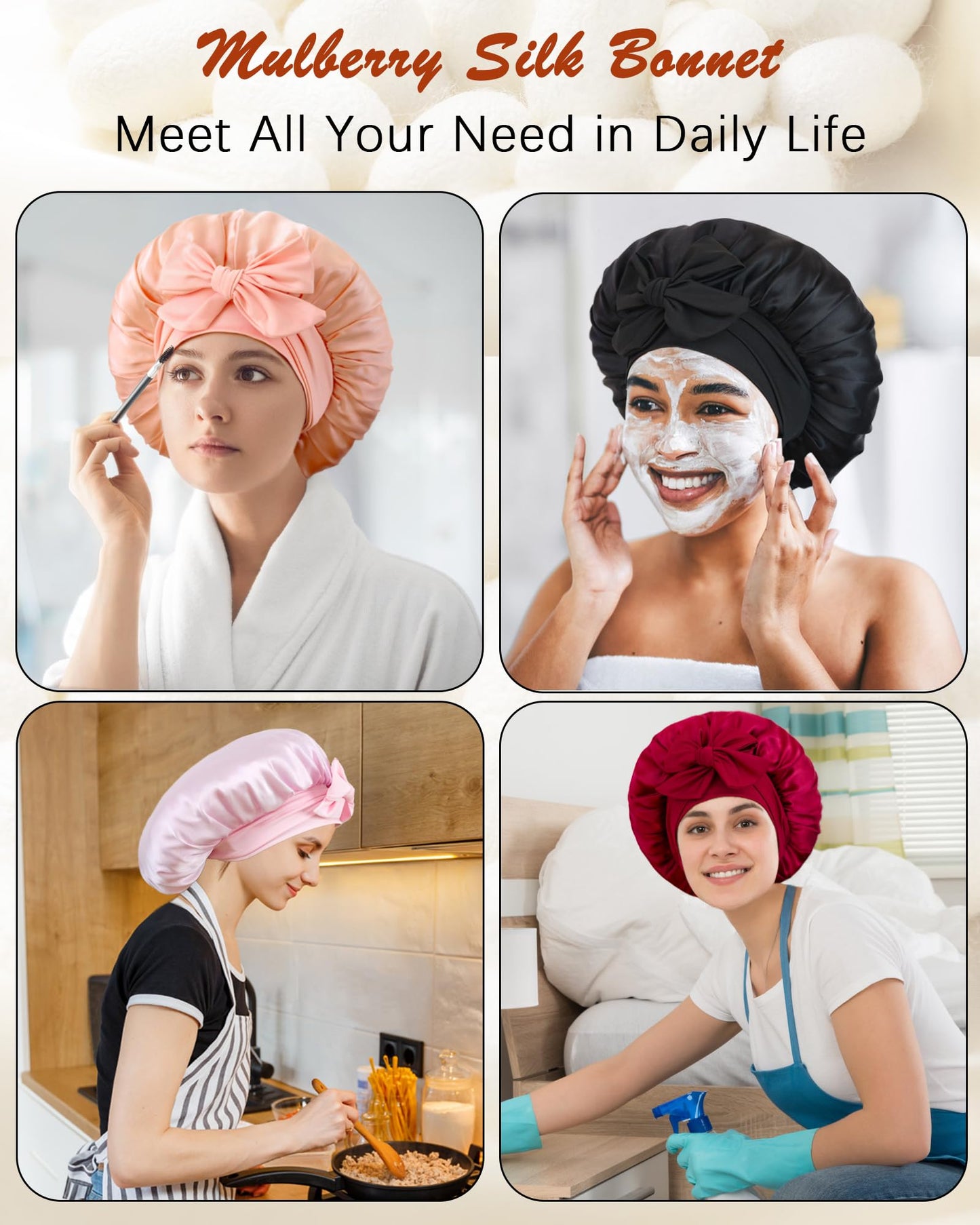 100% Mulberry Silk Bonnet for Sleeping Women, Pure Real Silk Hair Bonnets with Tie, Double Layer Sleep Cap for Curly Hair