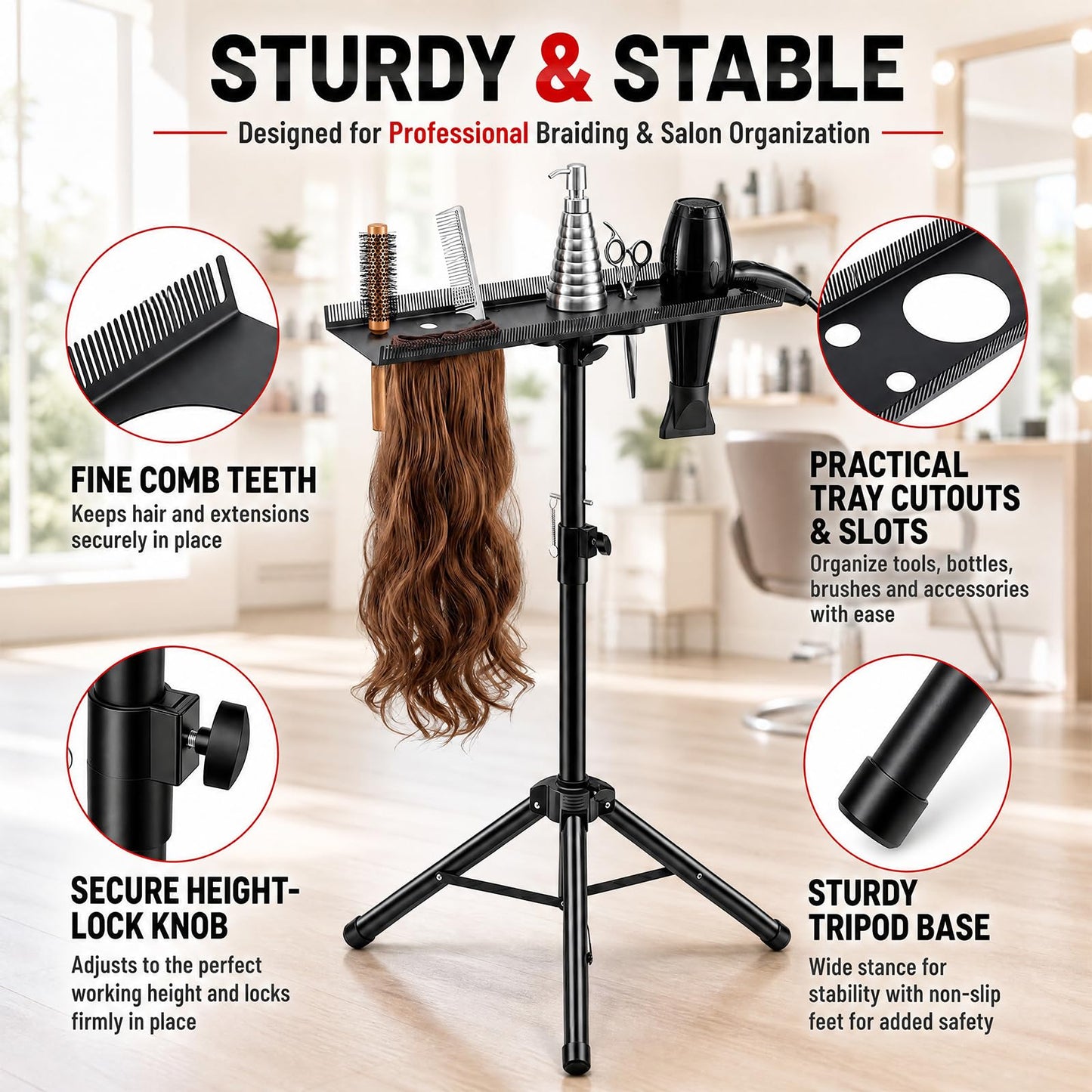 LEIFIDE Stainless Steel Braiding Rack, Hair Extension Holder, Braiding Rack Stand Tripod, Height Adjustable 30.12-39.96 Inches, Foldable Extension Salon Tray, Black