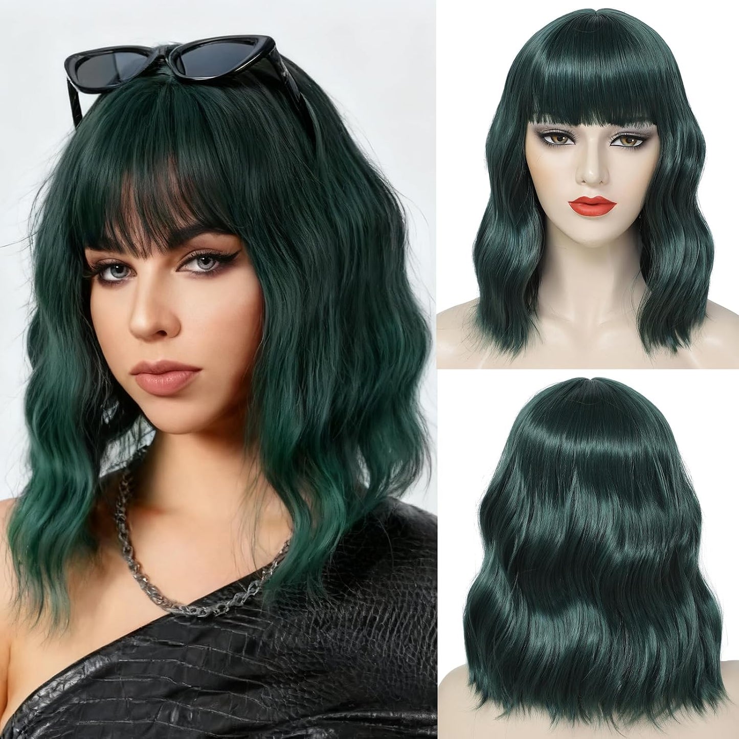 Emerald Green Wavy Bob Wig with Bangs - Shoulder Length Synthetic Cosplay Hair
