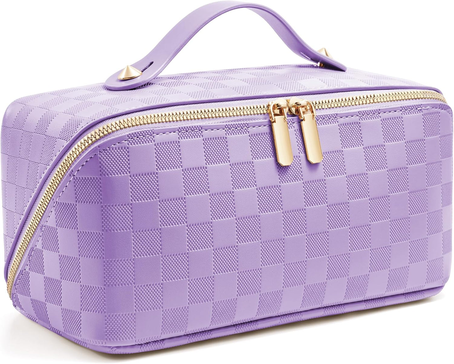 Large Capacity Travel Cosmetic Bag - Waterproof PU Leather Makeup Organizer with Dividers | Stylish Checkered Design