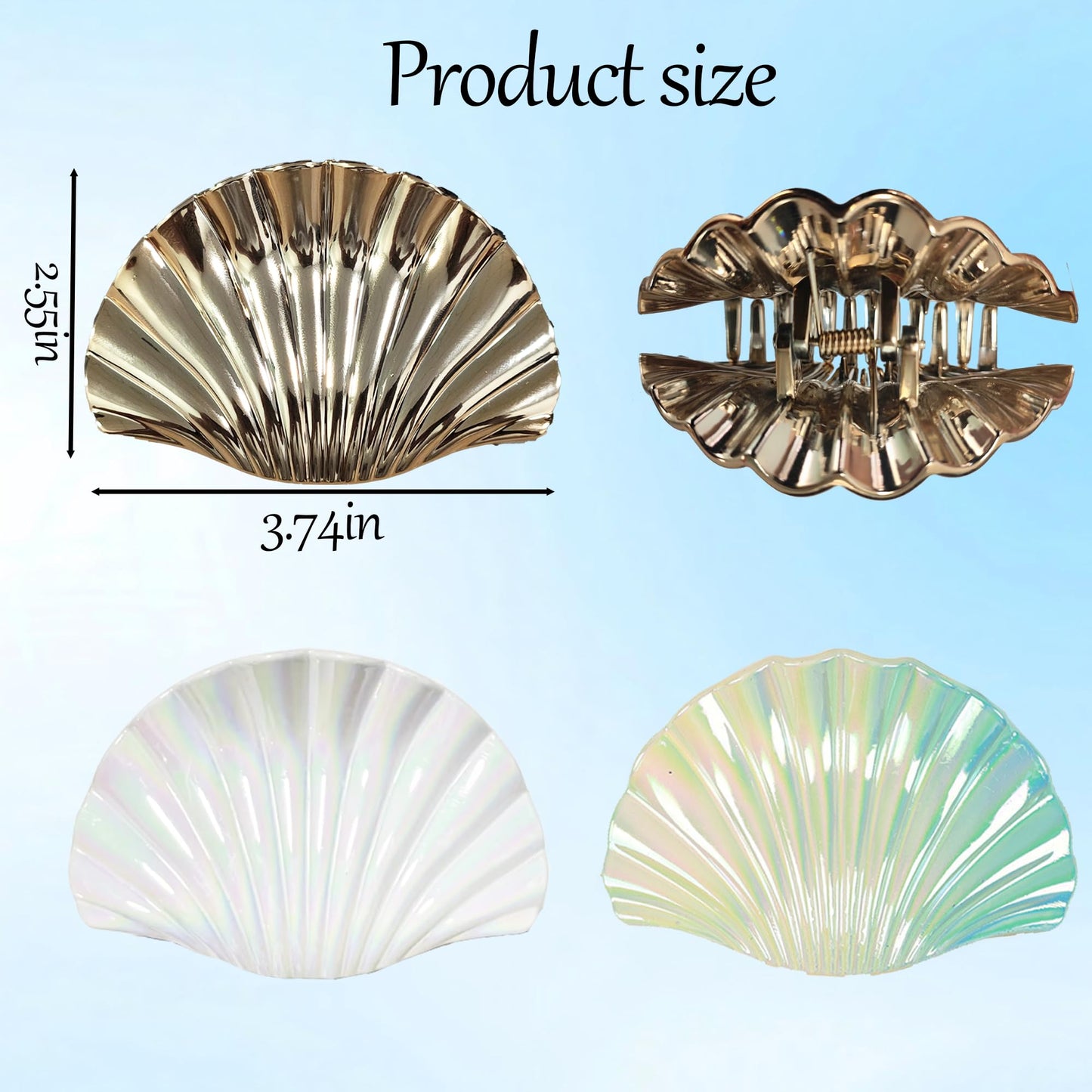 3PCS Seashell Claw Clip for Women 3.74 Inch Gold Shell Claw Clip for Thick/Thin Hair Hawaiian Hair Accessories for Girls, Hawaii Tropical Decor for Summer Beach Vacation (Gold White Blue Gradient)