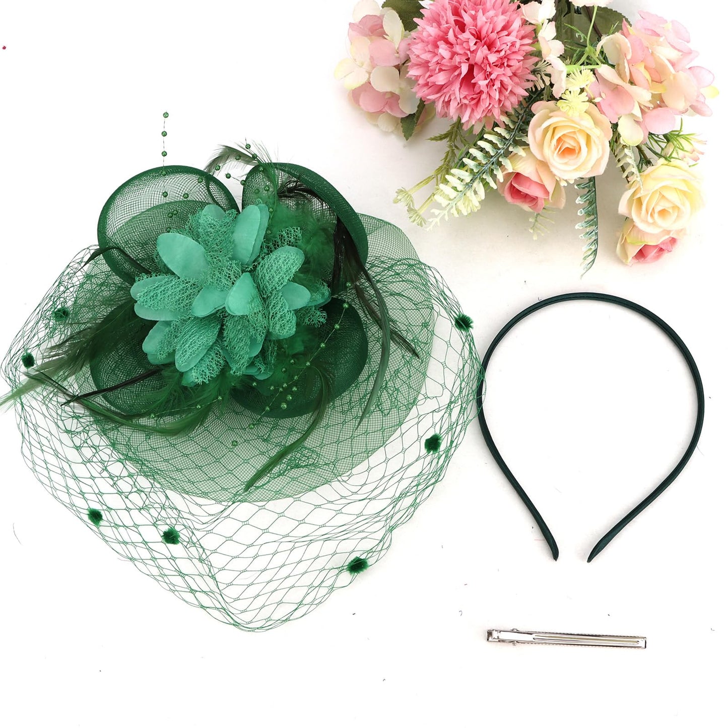 Semato Fascinators Hats for Women Mesh Feathers Elegant Green Tea Party Kentucky Hat Derby Headband with Hair Clip