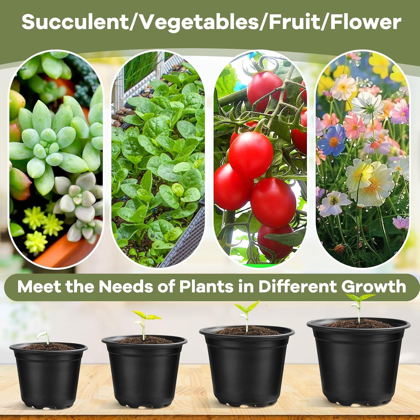 Nursery Pots - 110 Pack Plastic Plant Pots with Drainage Holes | 4, 5, 6 Inch Seedling Starter Pots for Succulents