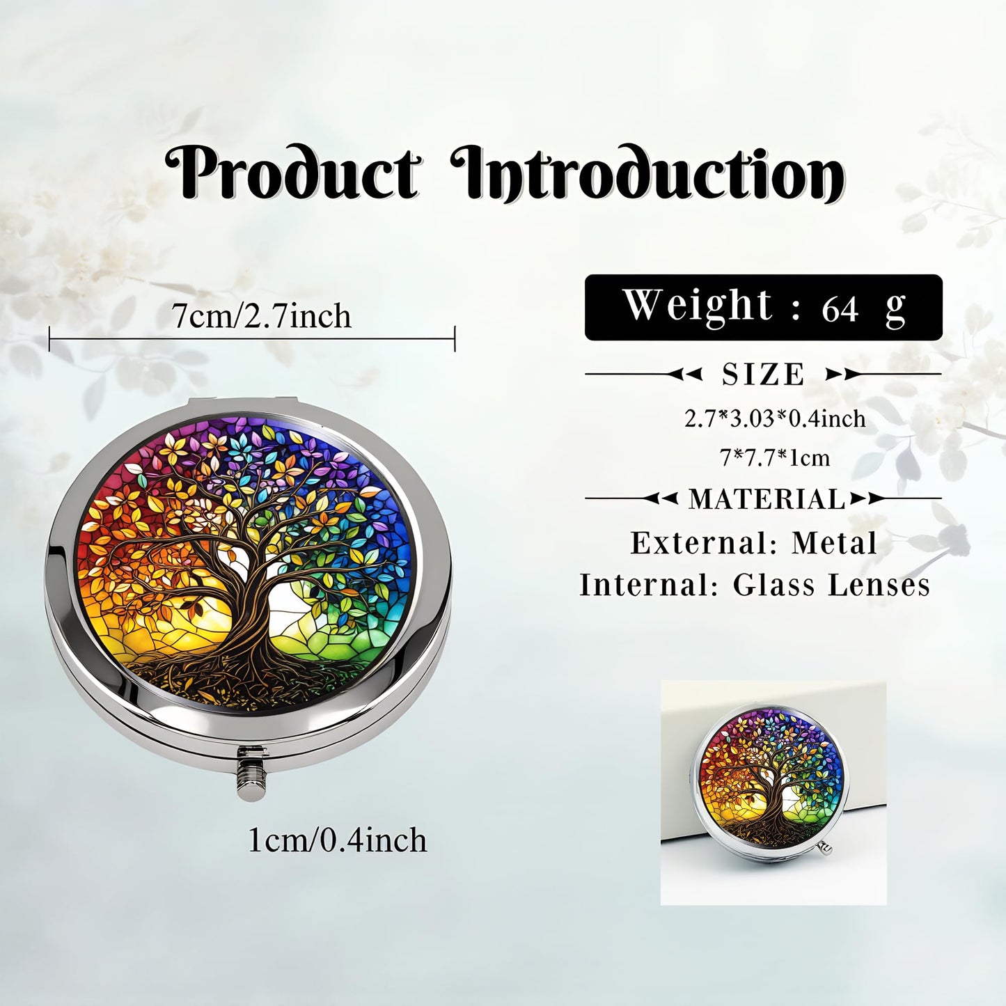 Silver Compact Mirror, 2.8x2.8inch Double-Sided Folding Makeup Mirror with Rainbow Tree of Life Design, Ideal Gift for Women