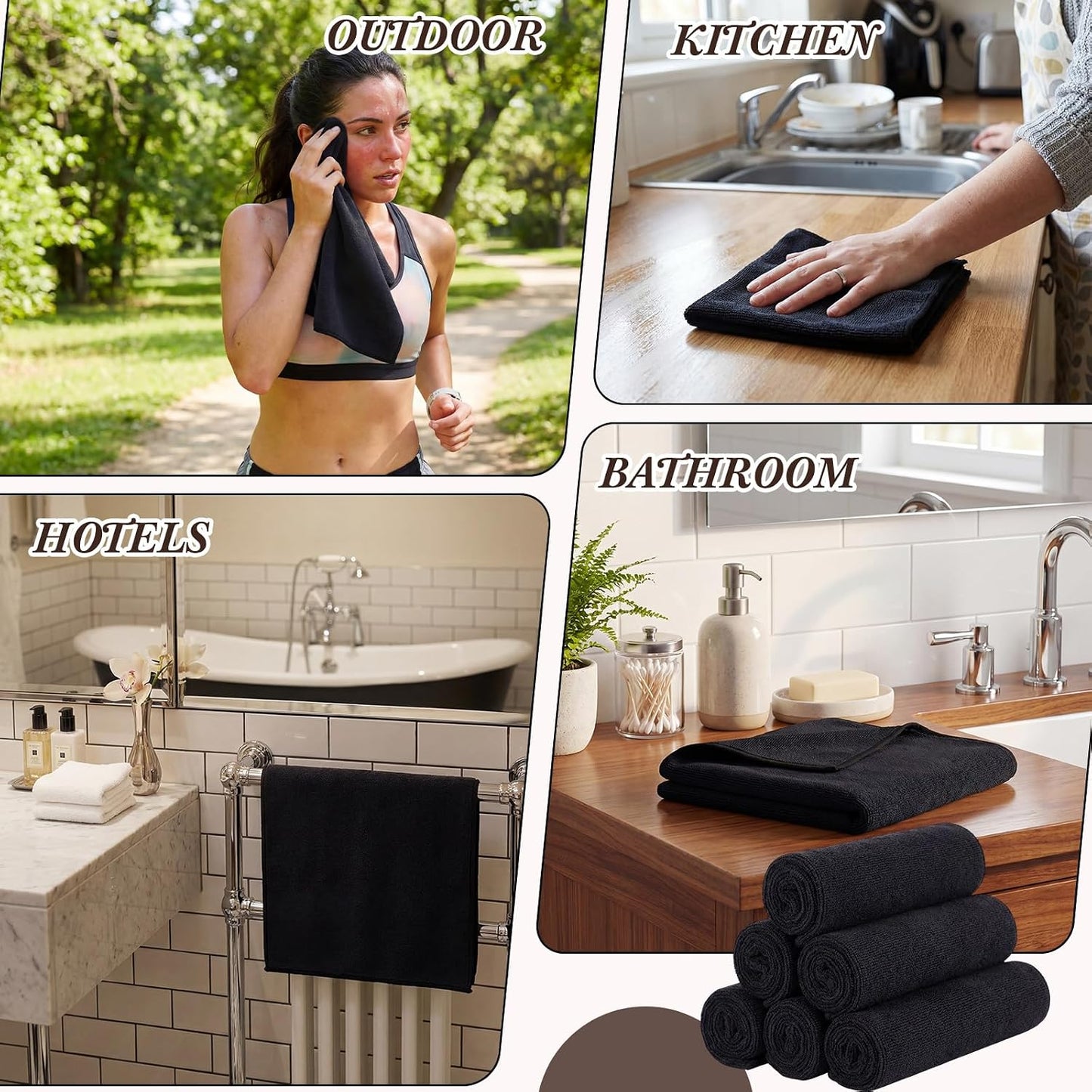 40 Pcs Cotton Wash Cloths - Soft Quick-Drying Bath Towels for Women | 12 x 12 Inch, Black