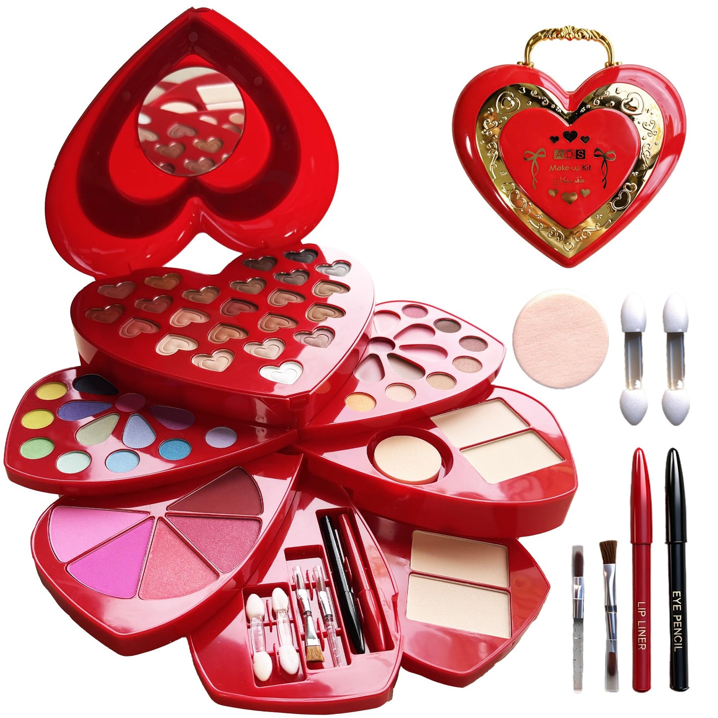 Heart Shape Makeup Kit - 60 Colors All-in-One Full Cosmetic Set with Neutral Matte Shimmer Eyeshadow, Lipstick, Blush, Powder, Eyeliner, Brushes & Mirror - Make up Complete Gift for Women Teens