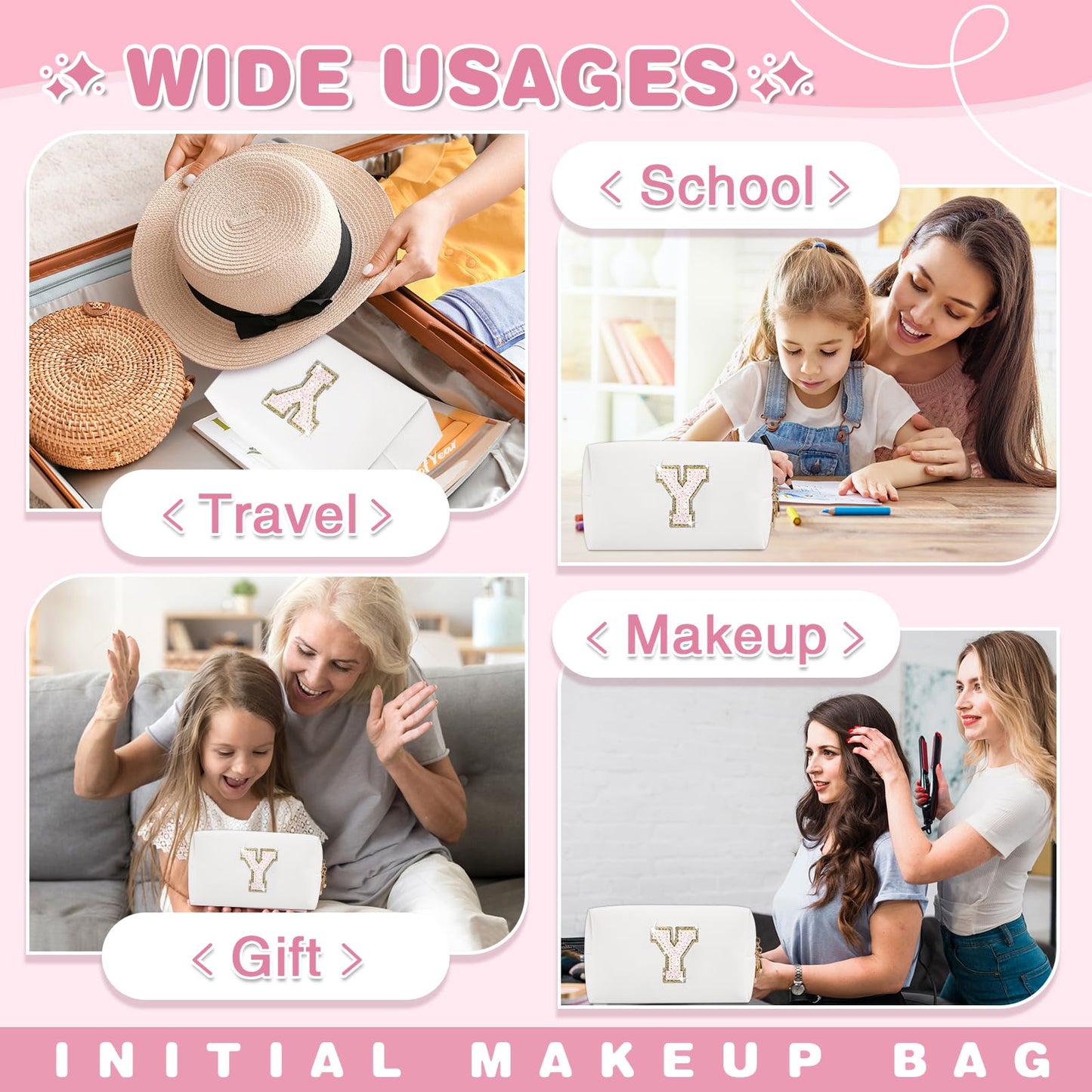 Small Initial Patch Makeup Bag Personalized Gifts Make Up Bag,White Cute PU Leather Glitter Letter Cosmetic Bag with Zipper,Trendy Portable Travel Toiletry Pouch,Preppy Stuff for Teen Girls Women Y