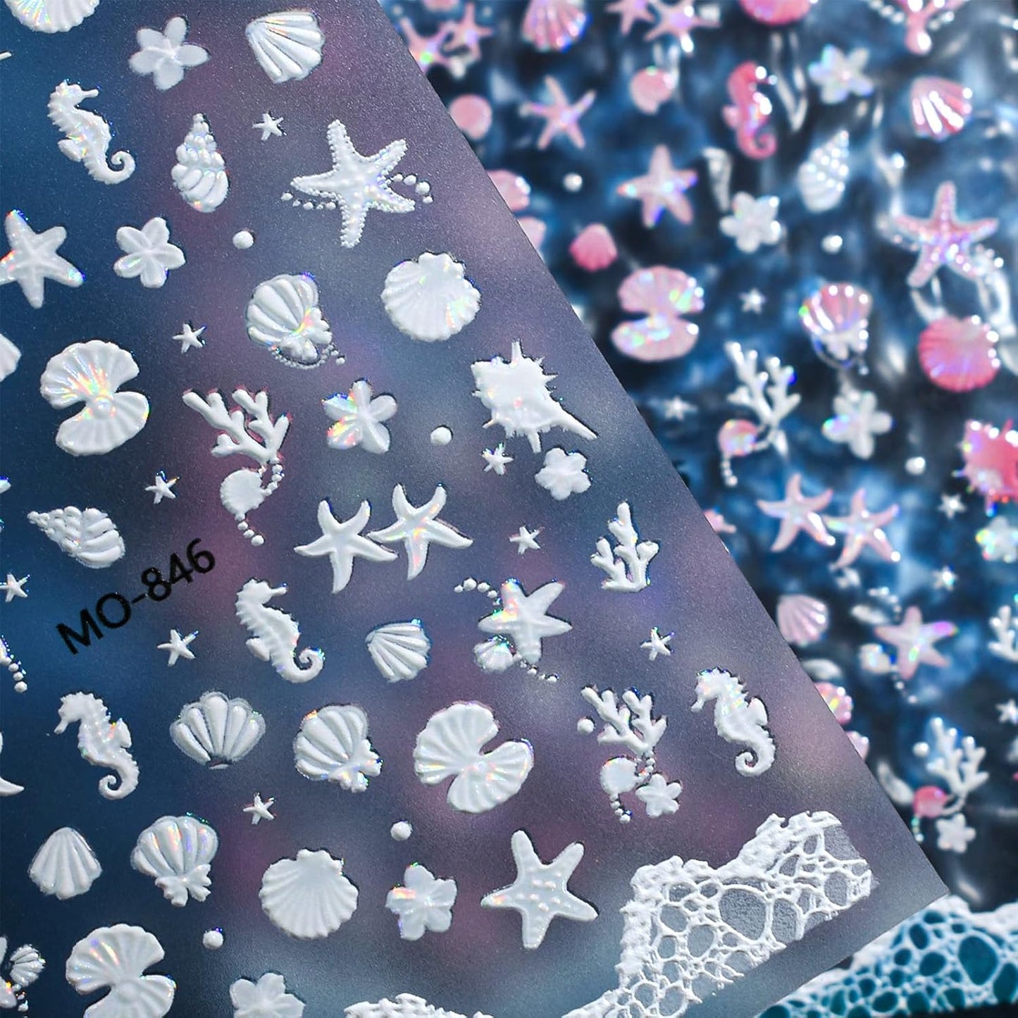 5D Embossed Ocean Nail Stickers - Pink Blue White Shell & Starfish Design | Summer Beach Nail Art Decals for Manicure