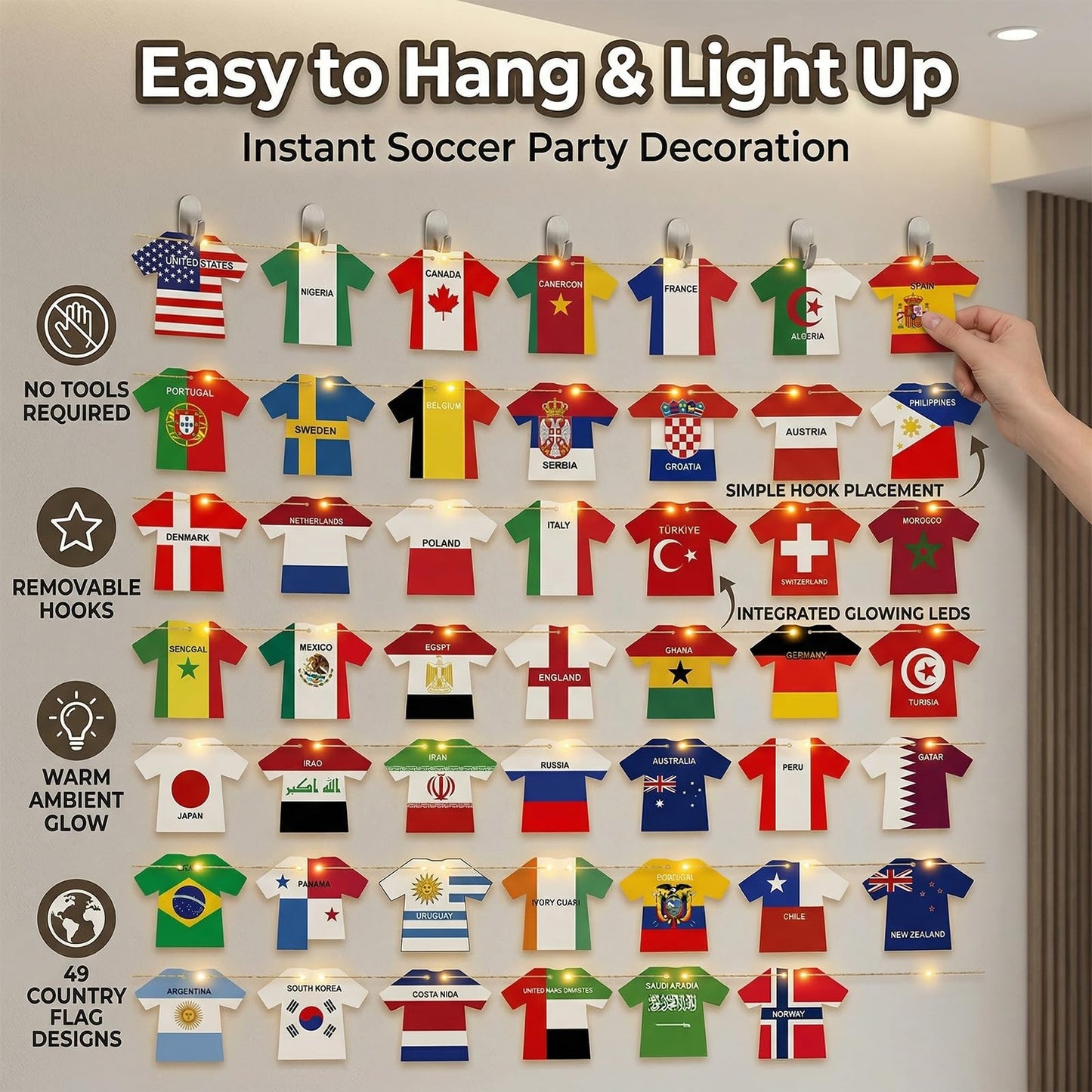 2026 World Cup Decorations with LED String Lights, 49 Countries Soccer Jersey Flag Banner Garland, Lighted Soccer Party Decorations for Watch Party, Bar, Home, Game Room, Sports Fan Decor
