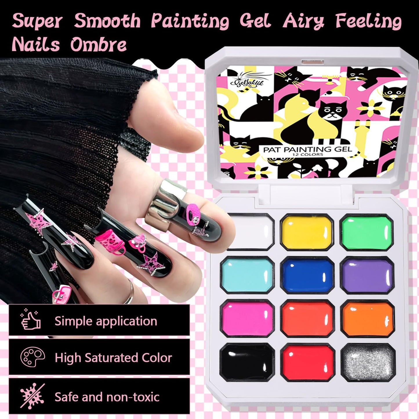 GELLAKTIK 12 Color Patting Nail Gel Polish Kit, Ombre Painting Gel Palette with Brush & Silicone Patting Pen & Nail Art Stickers - UV/LED Curing for Gradient Nails, Beginner Friendly DIY Manicure Set
