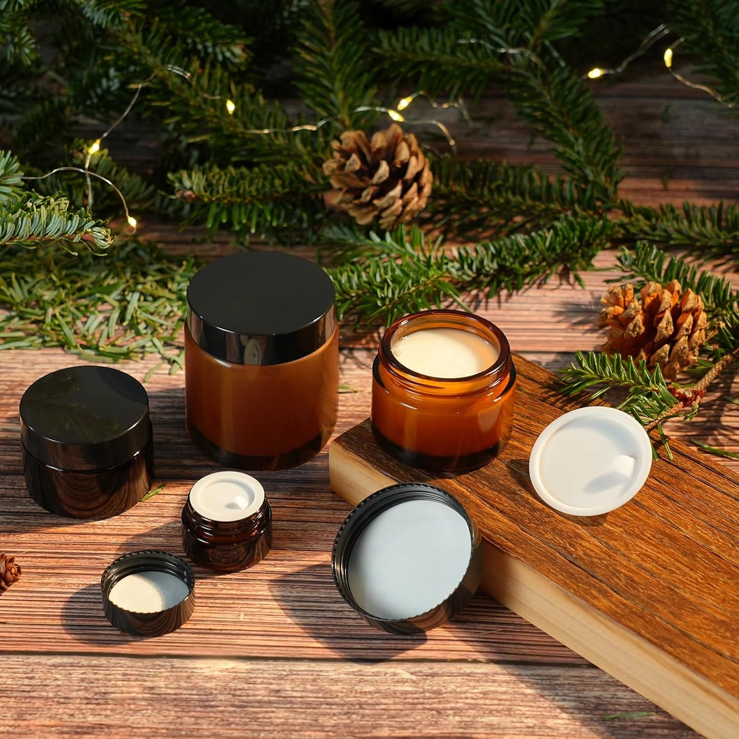 Amber Glass Jars - 45 Pack 2oz Small Lotion & Cosmetic Containers | Travel Jars with Lids & Mini Spoon