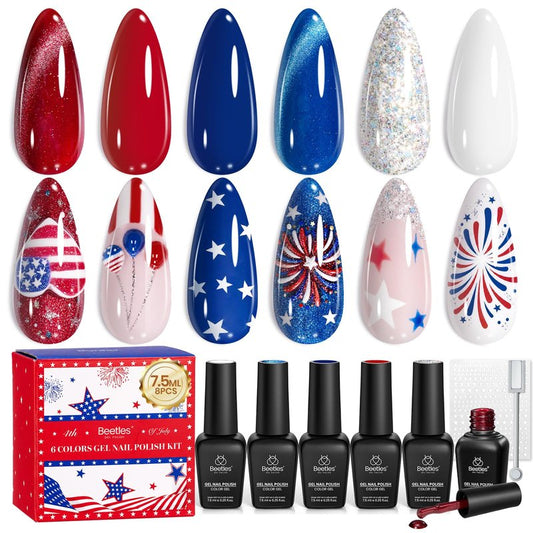Beetles 4th of July Gel Nail Polish Set, 6 Colors Red White Blue Cat Eye Gel Polish Sliver Glitter Gel Polish with Magnet & Stickers, Patriotic DIY Nail Art Gift for Women