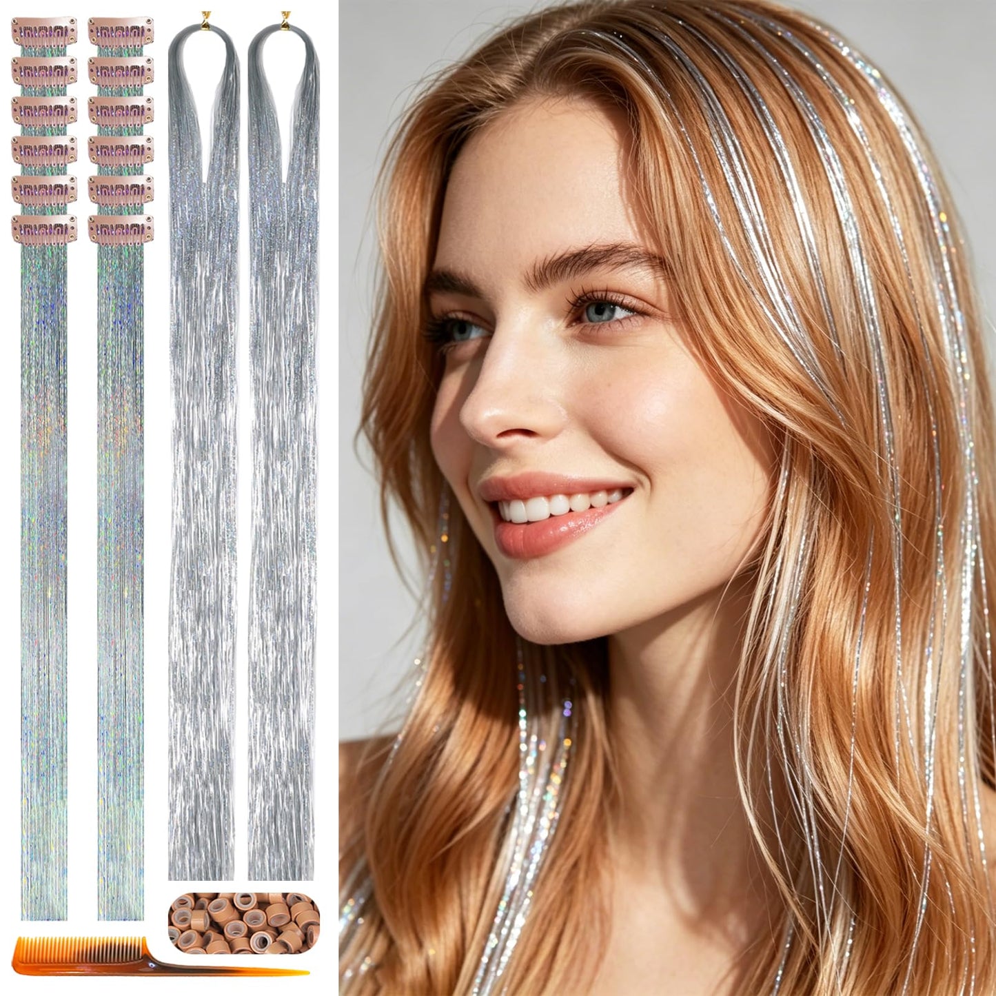 Handwig 80 Strands Silver Hair Tinsel, 2-in-1 Kit Metallic Shimmer