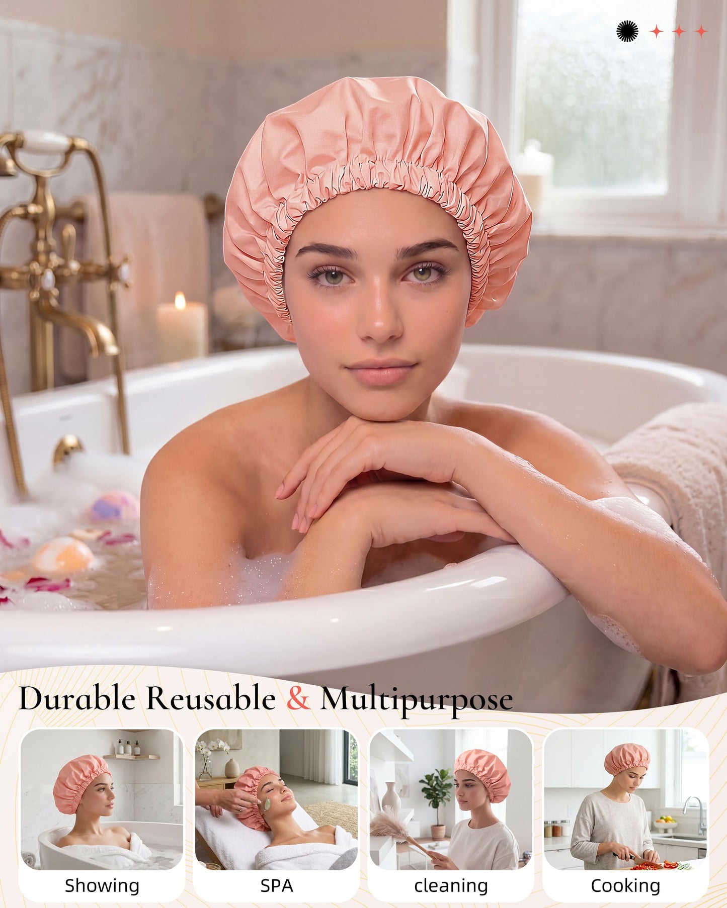 Edoneery Satin Lined Reusable Waterproof Shower Cap for Women
