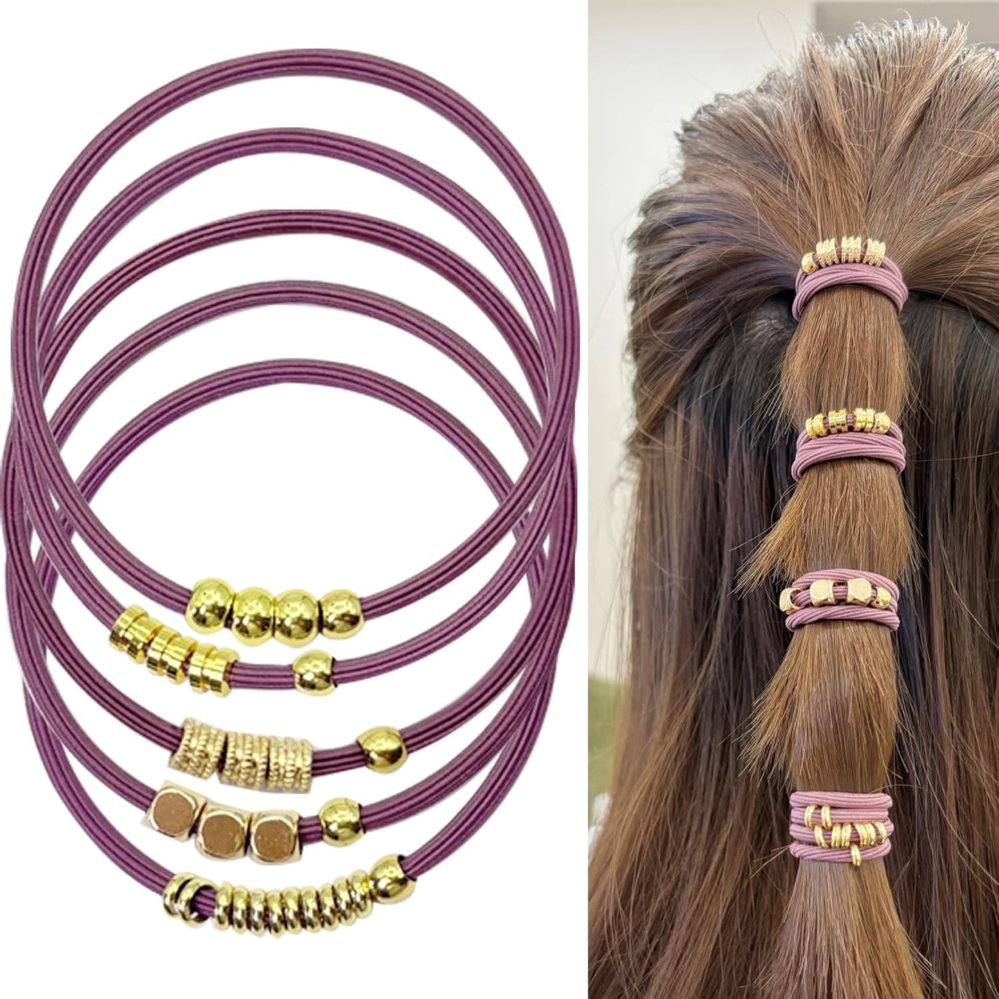 Blonde Boho Hair Ties Bracelet - Trendy Elastic Ponytail Holders with Gold Bead | Ideal for Thick, Thin, Curly Hair (Beige)