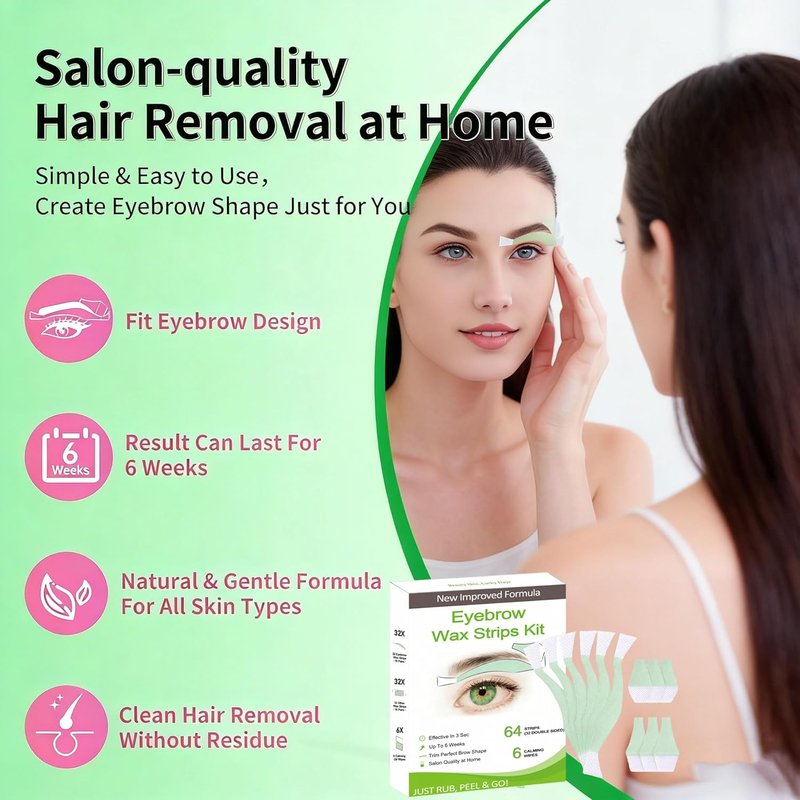 Eyebrow Wax Strips - 64 Pcs Natural Aloe Formula for Sensitive Skin | Hair Removal for Face, Upper Lip & Cheeks