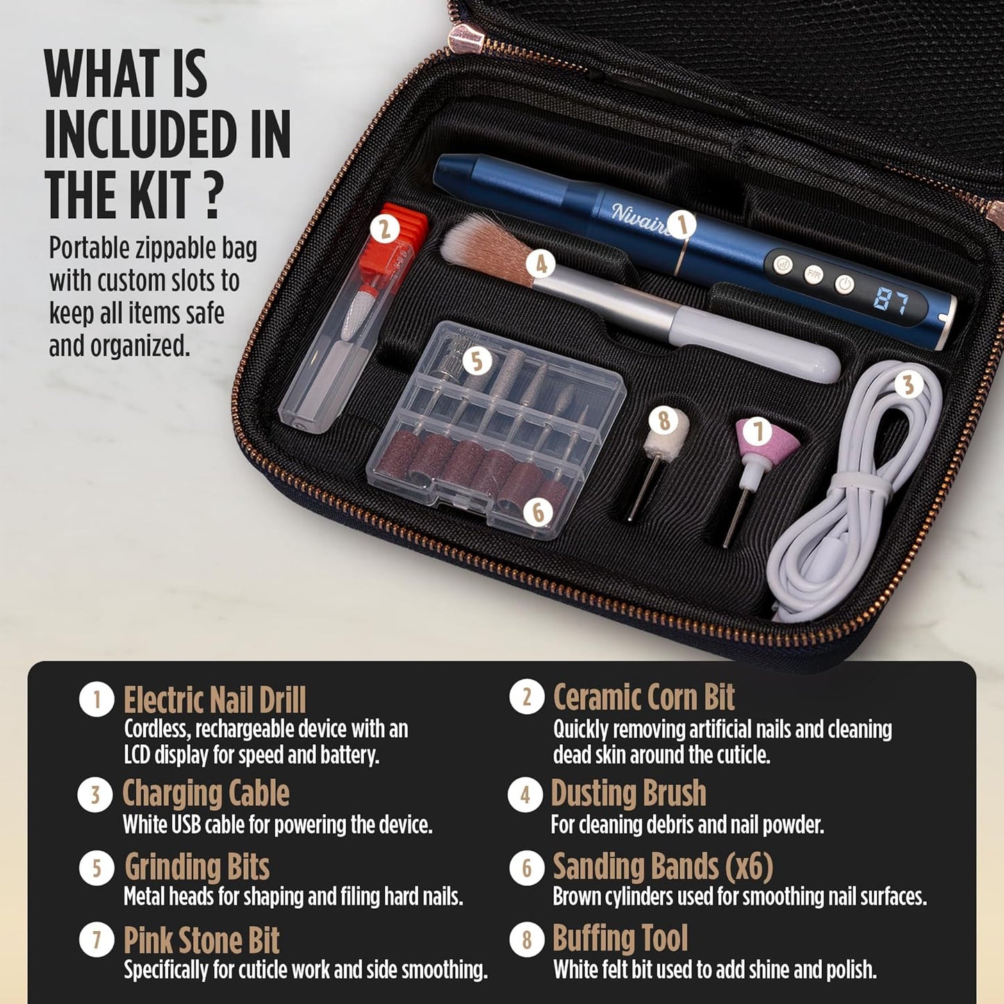 Cordless Nail Drill Professional Kit - Electric Nail Filer with 8 Drill Bits & 5 Speed Levels | Portable Rechargeable Manicure Set (Navy Blue)