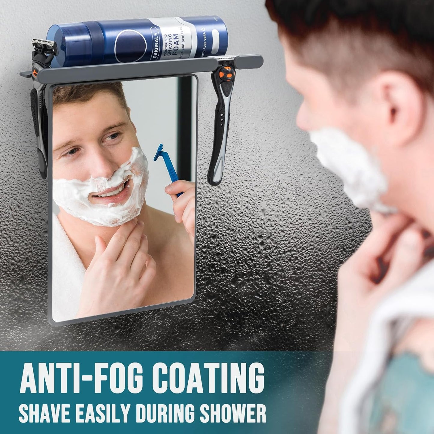 Fogless Shower Mirror for Shaving - Anti-Fog, Shatterproof & Waterproof | Wall Mounted with Razor Holder (Grey)