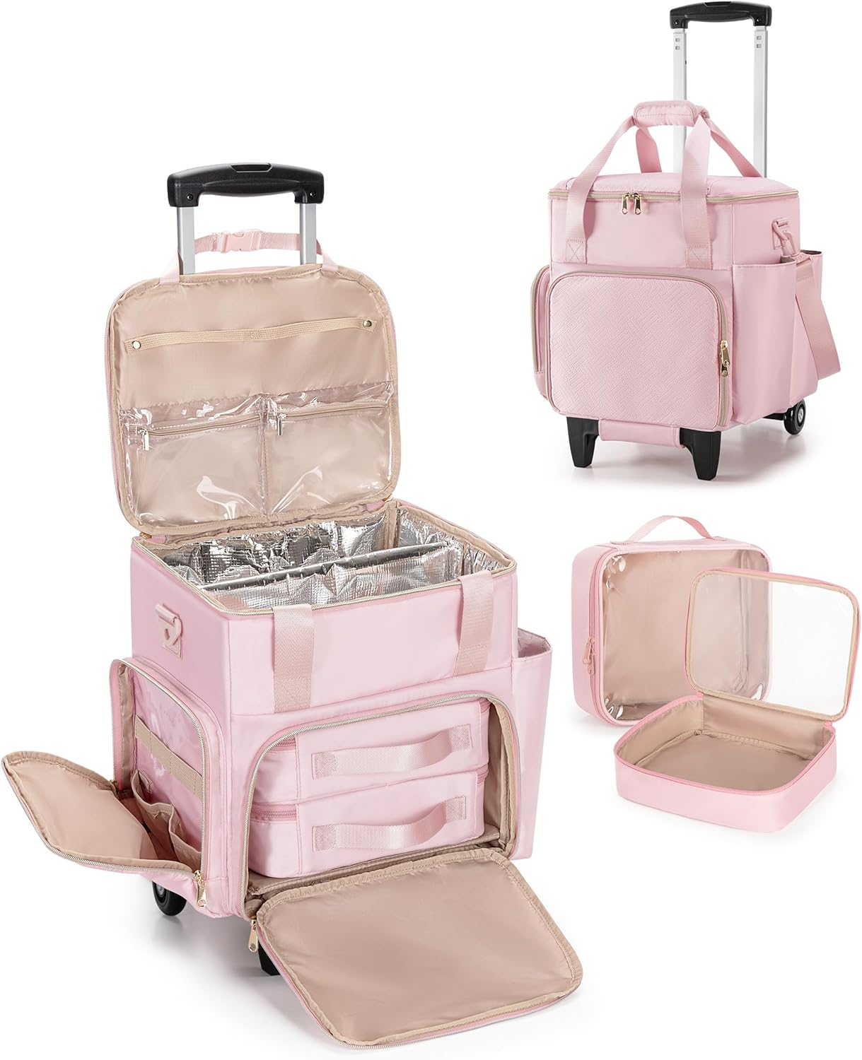 Rolling Hairstylist Travel Bag - Hair Tool Bag with 2 Pouches & Heat Insulation | Pink