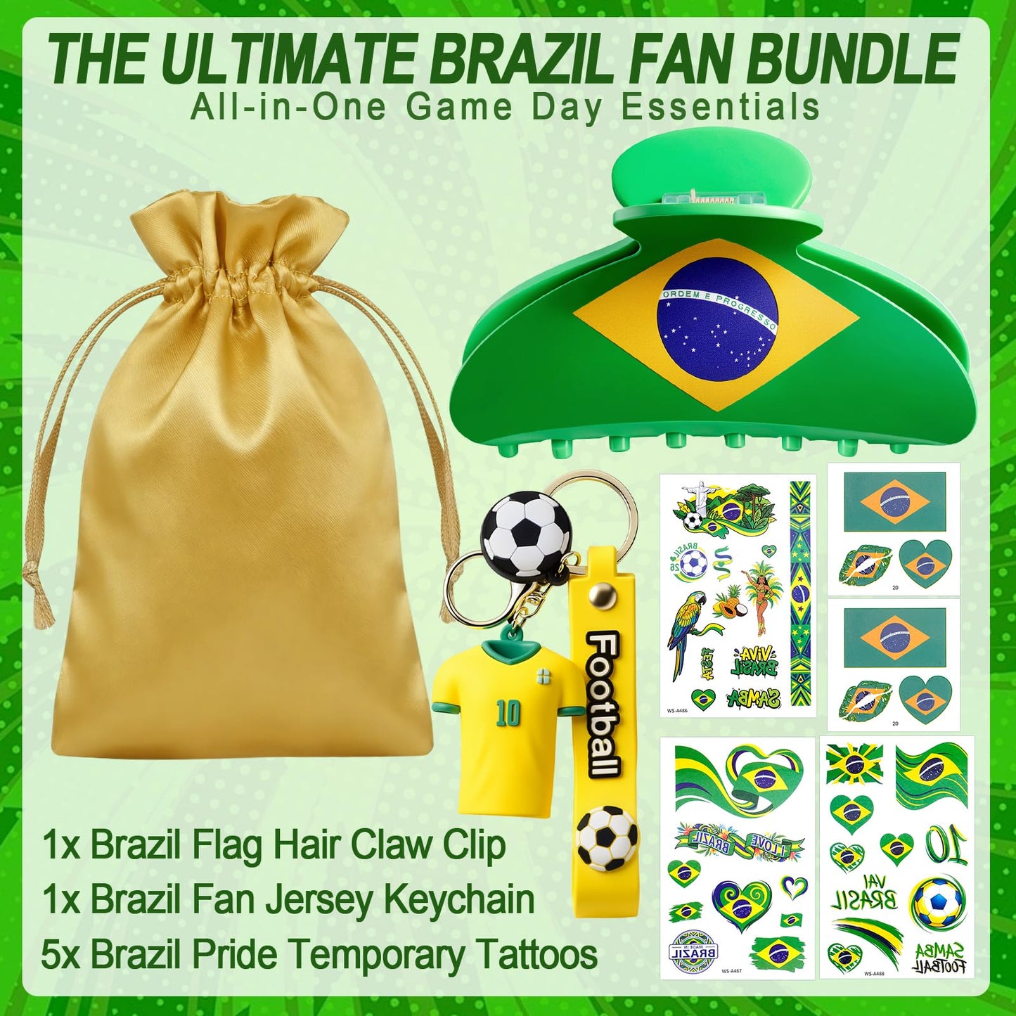 ANFONG Brazil Hair Claw Clip, World Cup 2026 Merchandise Gifts Set: World Cup Hair Accessories, Soccer Keychain & Brazil Flag Tattoos for Women Game Day Parties, Stadium Looks