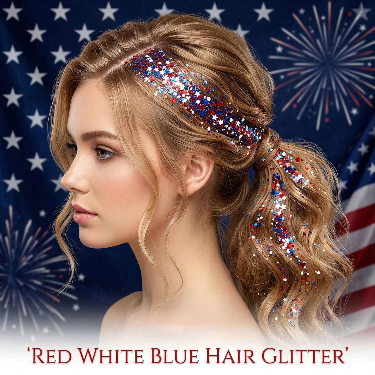 4th of July Hair Glitter Stick with Star,Red White Blue Face Glitter Stick,Fourth of July Body Glitter,Patriotic Outfits and 250th Anniversary Accessories,Independence Day Sparkling Makeup for Women