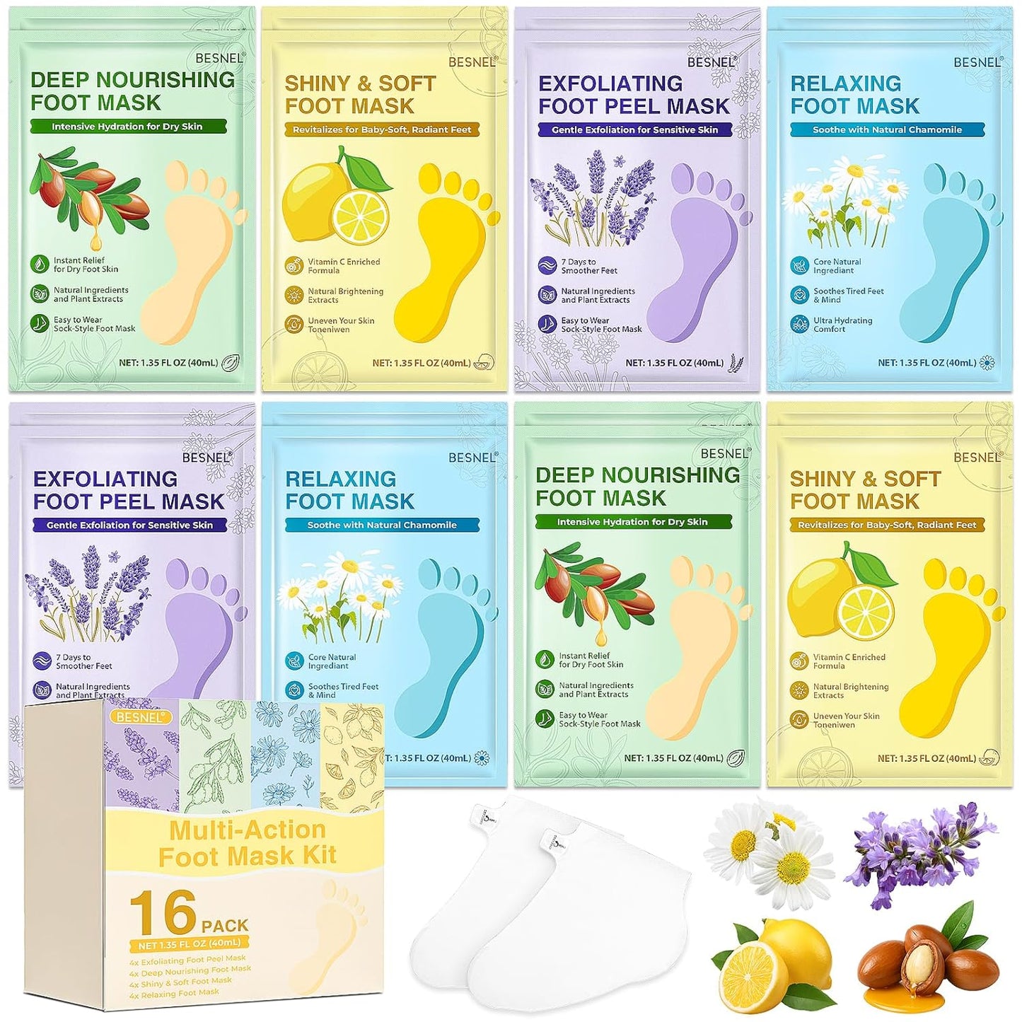 Moisturizing Foot Mask - Hydrating Socks for Dry Cracked Feet | 8 Pack, 4 Styles for Soft Skin