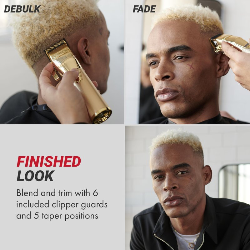 BaBylissPRO GOLDFX+ Professional Barber Cord/Cordless Hair Clippers for Men, All Metal, Lithium Battery with 3-Hour Runtime, Gold