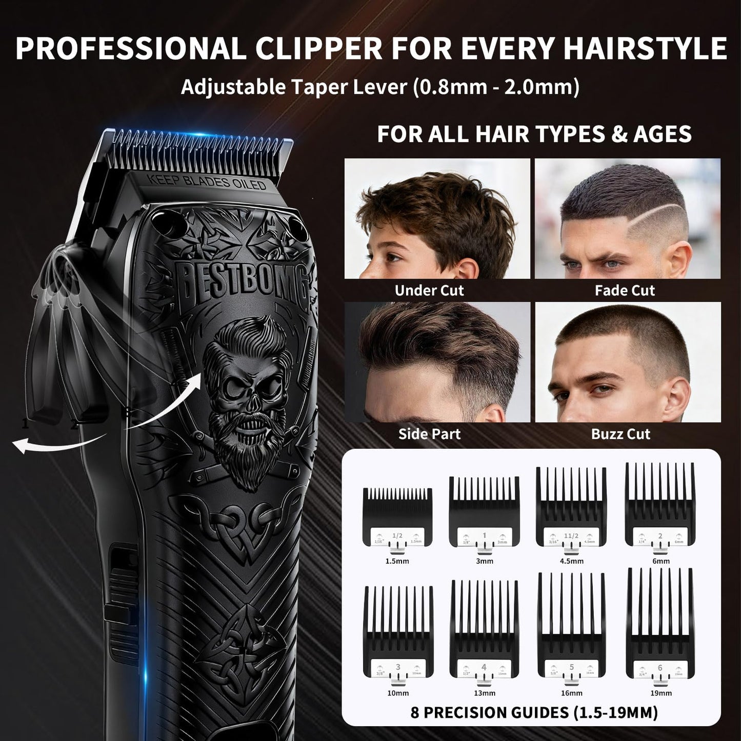BESTBOMG Professional Cordless Mens Hair Clippers & Beard Trimmer and Electric Shavers Kits & Sets,Metal Hair Clippers Cutting Grooming Kit with Long Battery Life for Family Barber Use (Black)