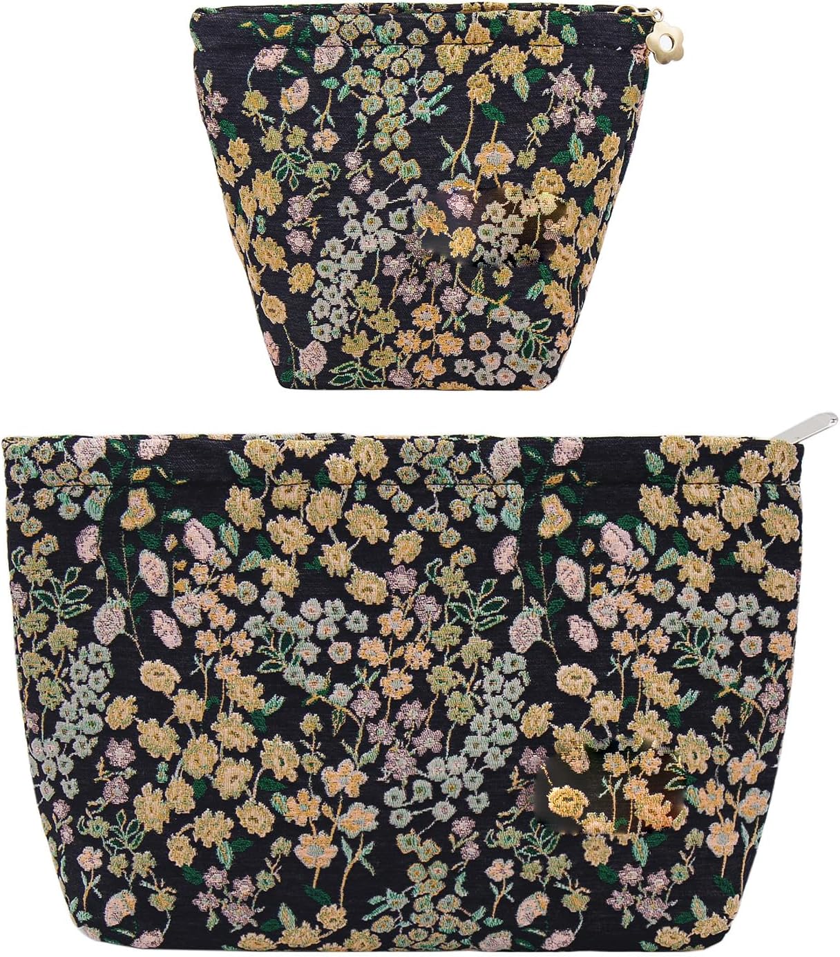 Large Floral Makeup Bag Set - 2 Pcs Travel Toiletry Organizer for Women | Embroidered Cosmetic Pouches with Zipper