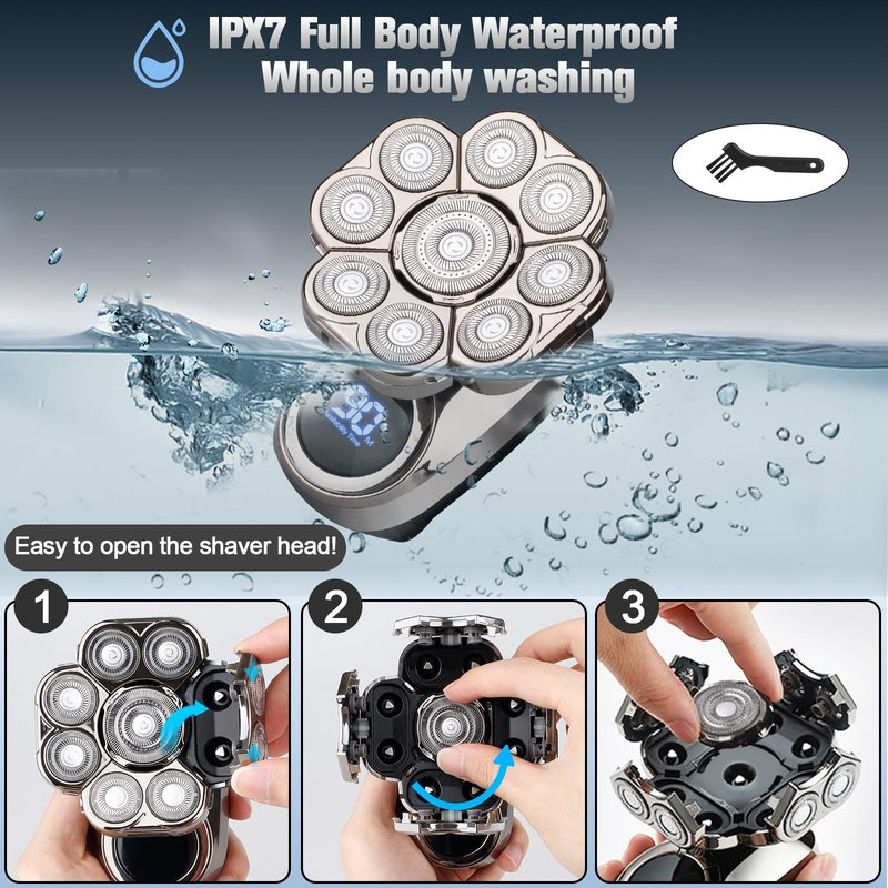 9D Electric Head Shaver for Bald Men, Upgraded 5-in-1 Waterproof Wet/Dry Grooming Kit Electric Shaver for Men, Cordless Rechargeable Bald Head Razor for Home&Travel
