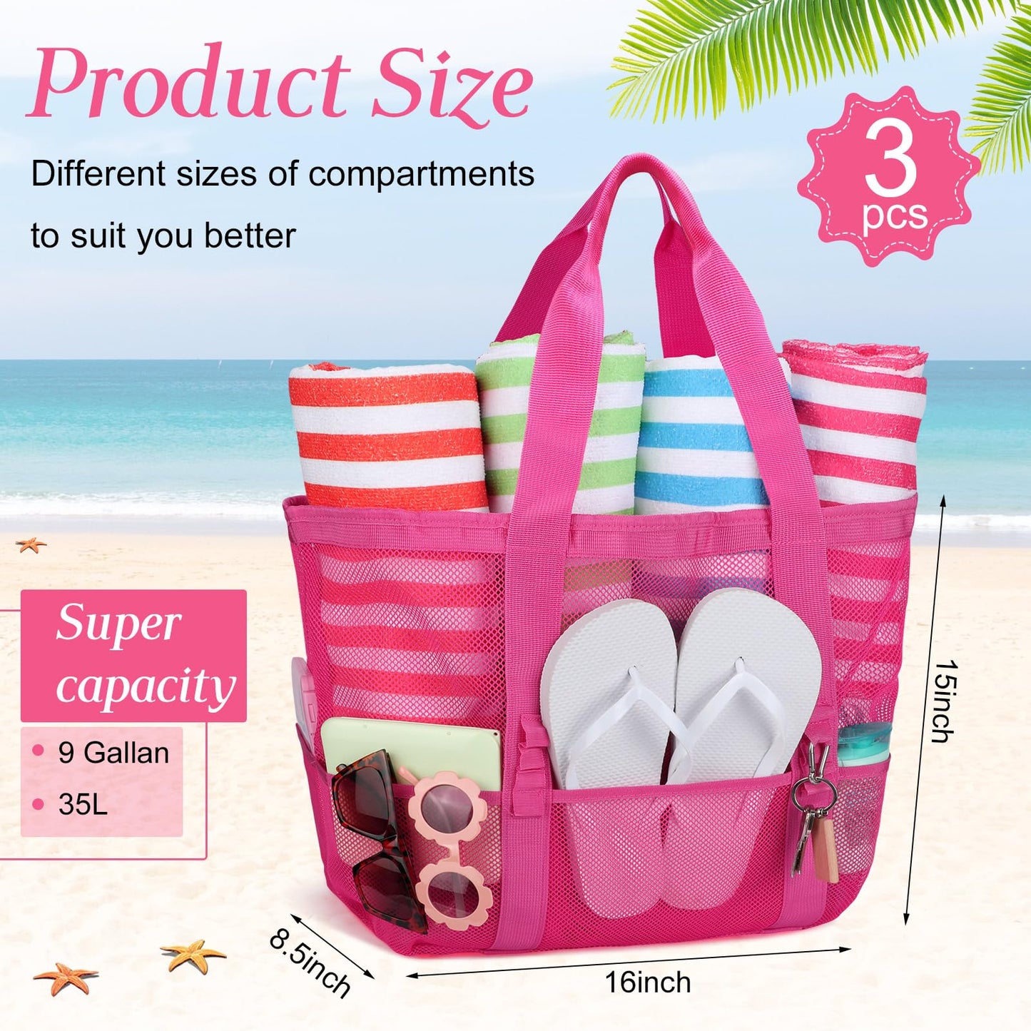Hillban Large Beach Mesh Bags Bulk for Women Beach Tote Bag with 8 Pocket Zipper Waterproof Sandproof for Pool Cruise Ship(Rose Red,3 Pcs)