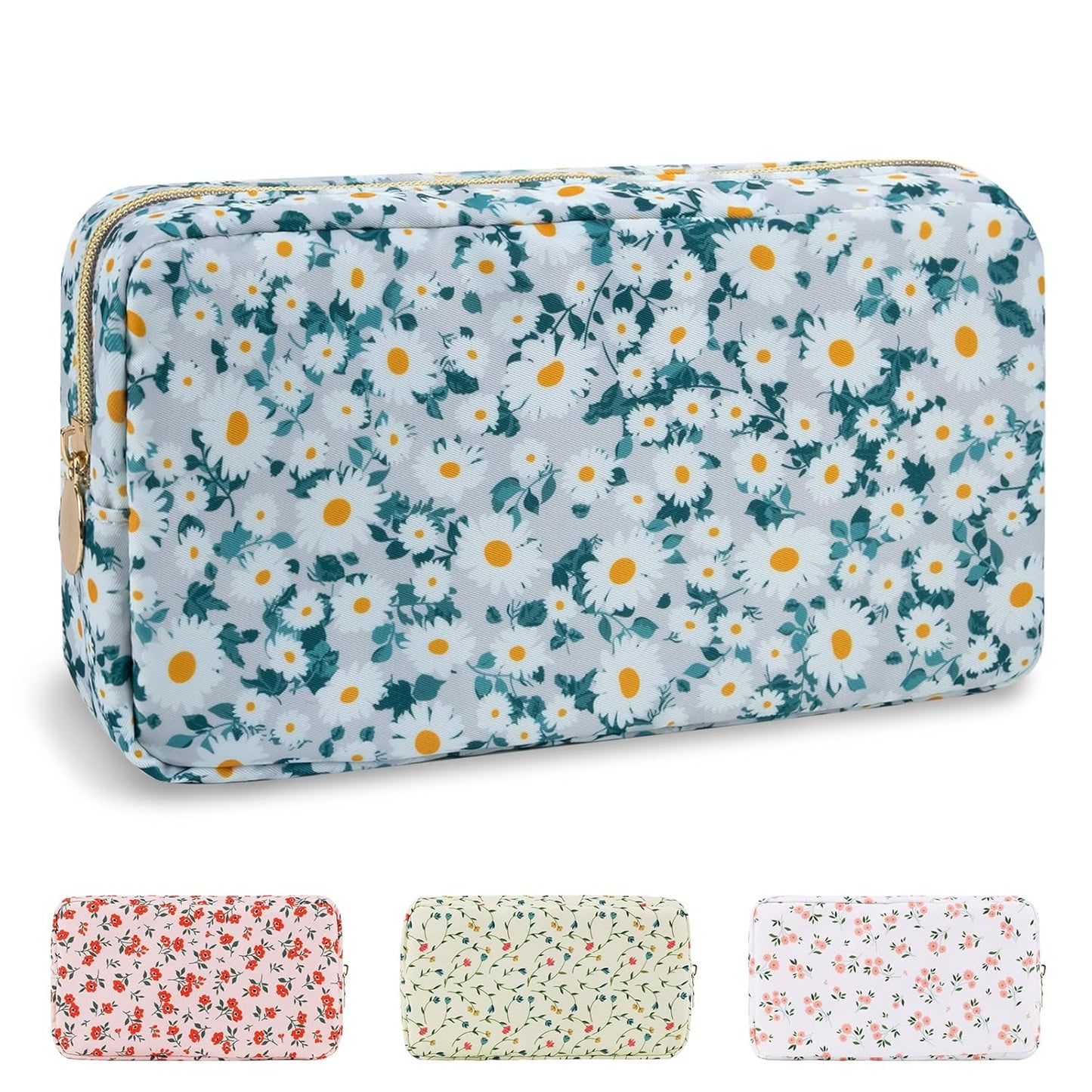 Waterproof Mini Floral Makeup Bag - Nylon Travel Pouch for Women | Cute Zipper Toiletry Organizer (Mini White-Flowers)
