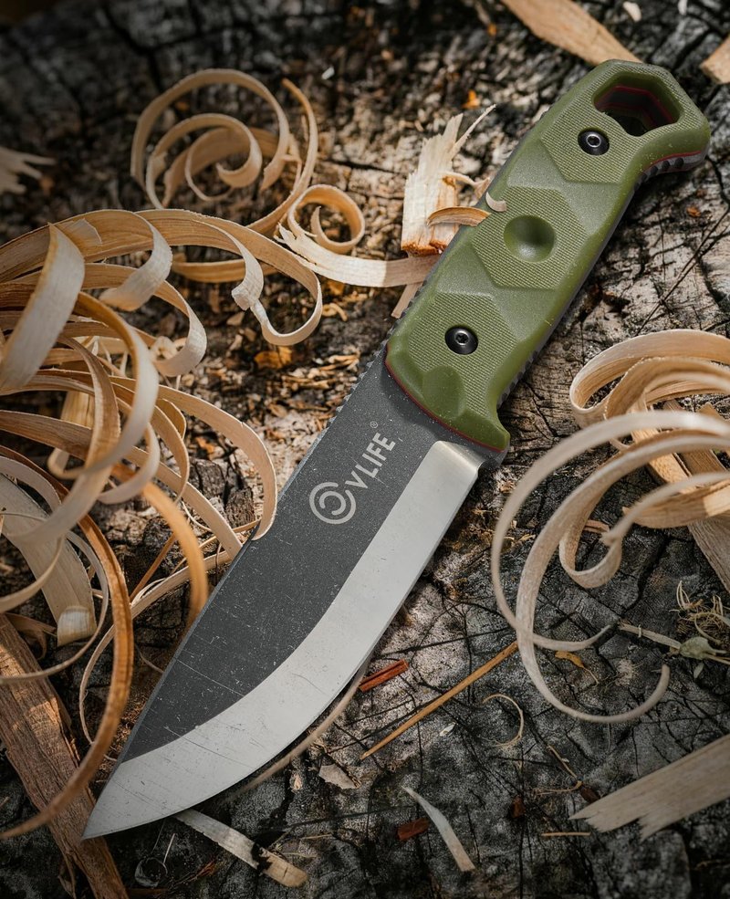 CVLIFE Fixed Blade Knife with Sheath, 5.2" D2 Steel Full Tang Survival Bushcraft Knife, Scandi Grind, 5-Layer Handle with G10 Liners, Heavy Duty Hunting Camping Knives for Men, Green
