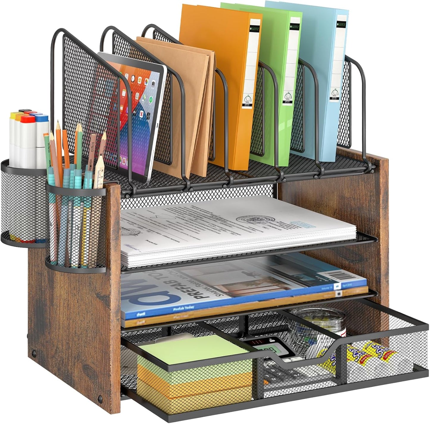 4-Tier Desk Organizer - Wooden Desktop File Holder with 5 Vertical Slots | Office & Home Use