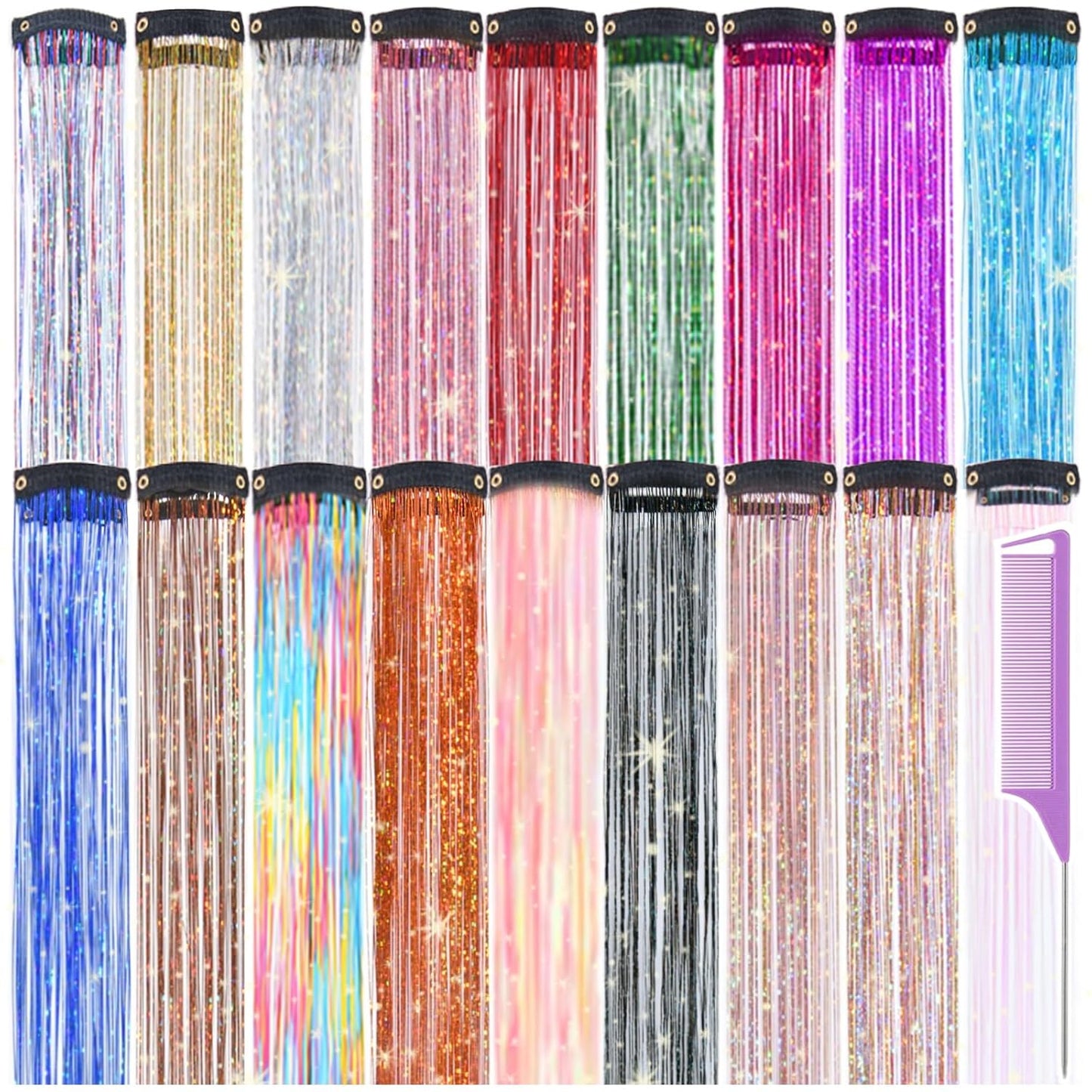 Hair Tinsel Clip-Ins - 22 Inch Purple Glitter Extensions for Women & Girls | 18 Pcs Fairy Hair Accessories