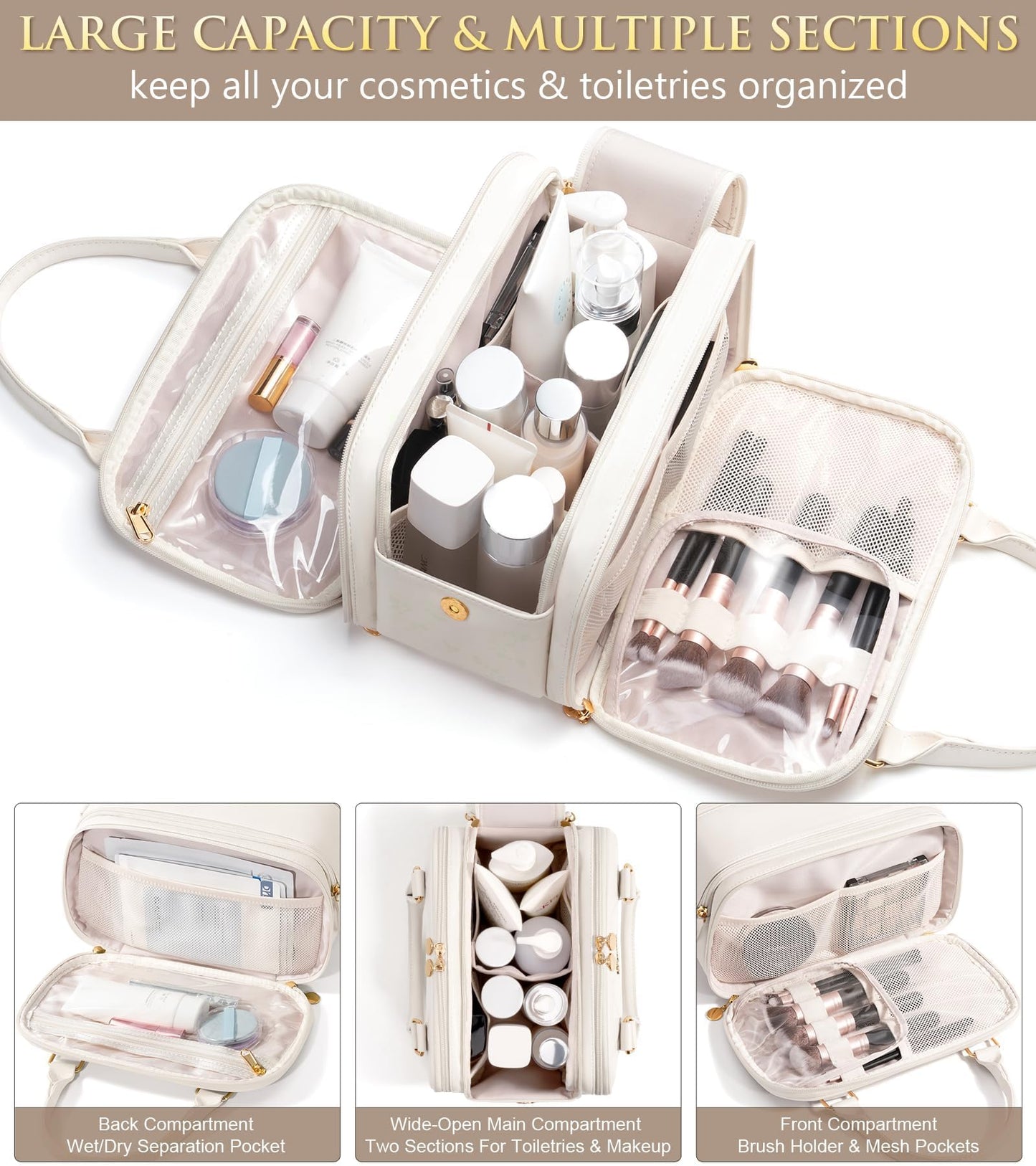 Bagstellar Travel Makeup Bag, Large Capacity Quilted Toiletry Bag for Women Stand-up Cosmetic Bag Open Flat Make Up Case Organizer Portable Pouch Purse w/Handle for Traveling Accessories Ivory White