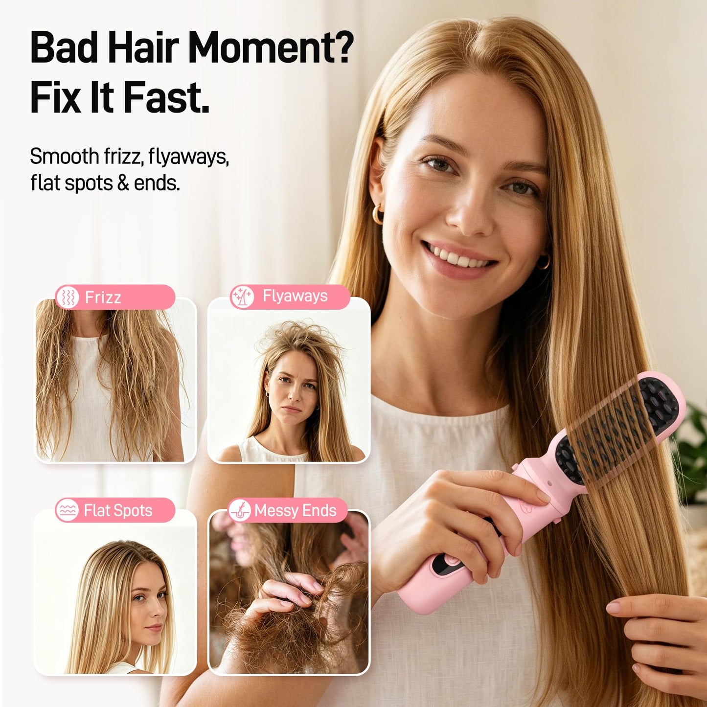 GLS 3-in-1 Cordless Hair Straightener Brush, Portable Cordless Curling Iron Brush and Flat Iron Heads, Hair Styling Set, USB Rechargeable for On-the-Go Styling, Fast Heat, Travel Friendly, Pink