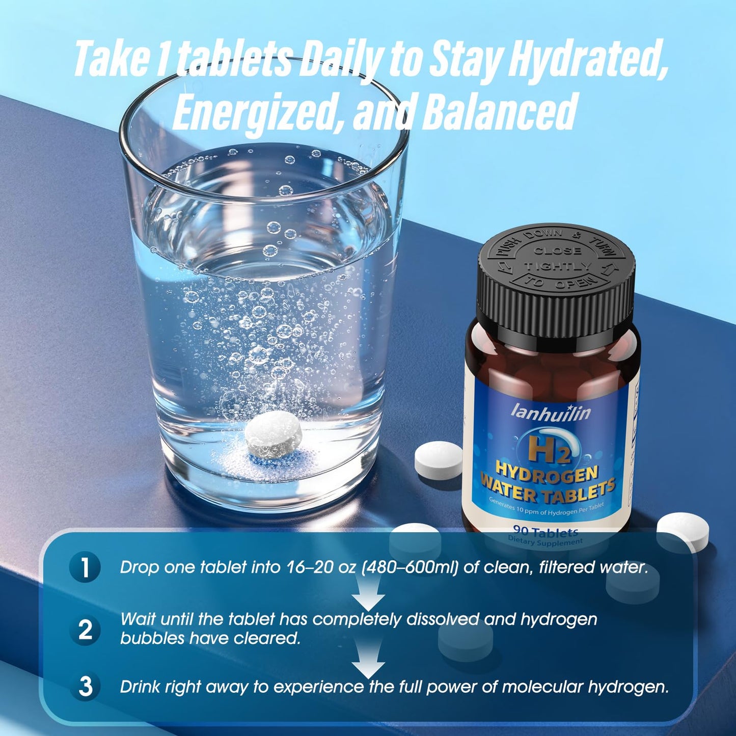 Hydrogen Water Tablets with 150MG Magnesium, 10 PPM H2 Hydrogen Tablets for Drinking Water, Rich in Antioxidants, Supports Cellular Health, Recovery, Immune & Brain Cognitive Function (90 Servings)