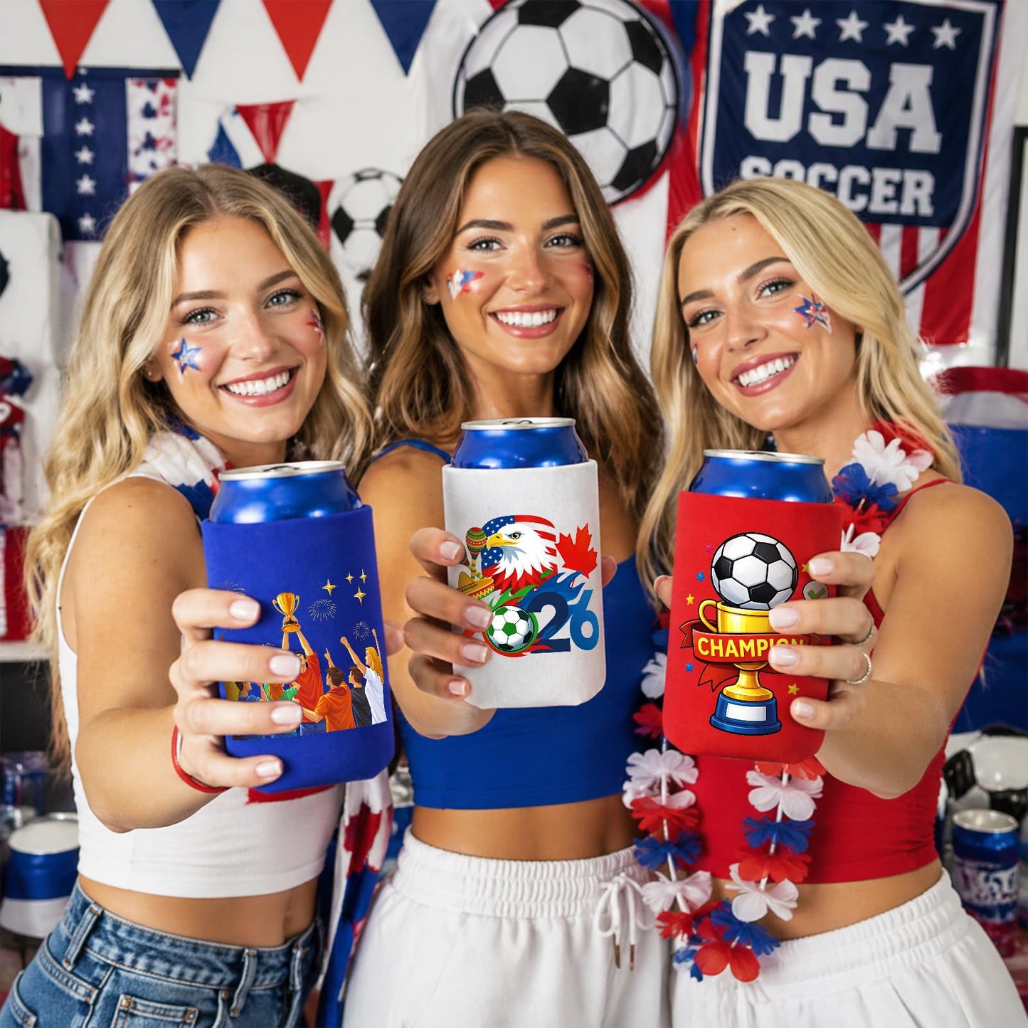 Soccer Sports Can Cooler 7 Pcs Reusable Neoprene Beer Sleeve Insulator Gifts for Soccer Fans, Football Watch Parties & Sports Events