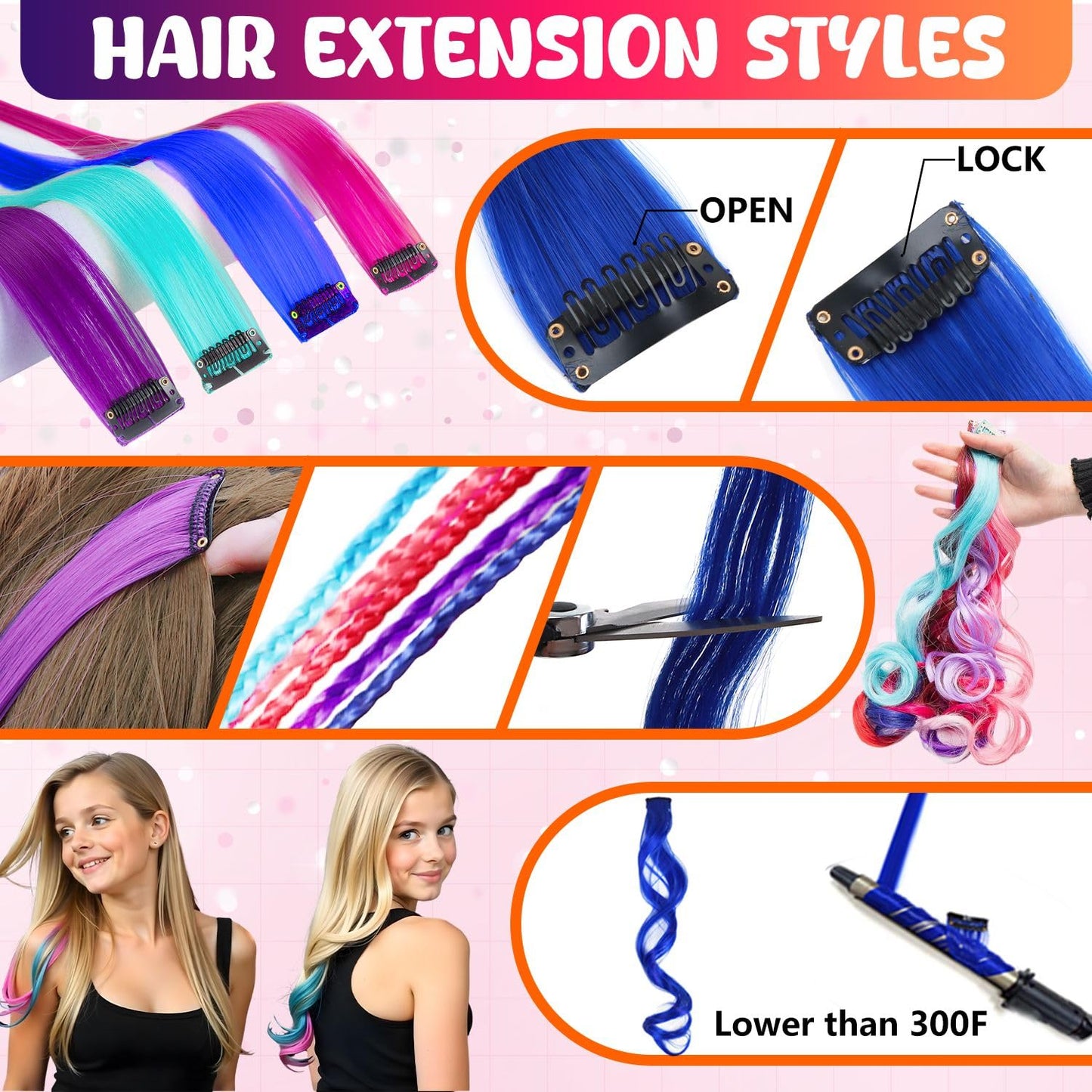 Dustless Hair Chalk for Girls - Washable Temporary Color Dye with Clip-In Extensions & Brushes | Perfect Gift for Teens 7-14 Years Old