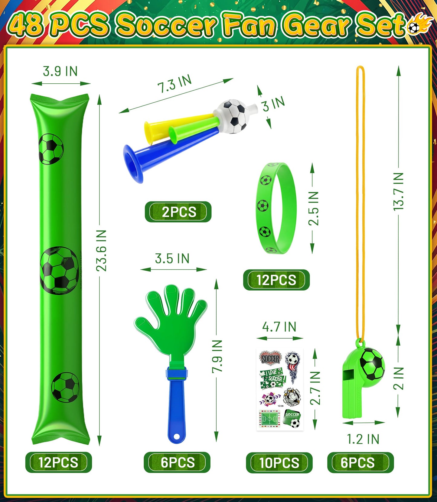 Soccer Party Favors 2026 Soccer Fan Support Accessories Kit, 48 PCS Cheering Supplies with Thundersticks, Clappers, Wristbands, Stickers for Sporting Events, Game Day Watch Party & Stadium Essentials