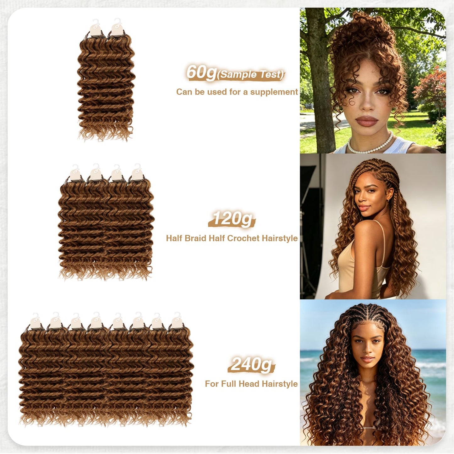 Human Crochet Hair for Black Women 22inch 60g Pre Separated 50 Strands Deep Wave Feather Crochet Human Hair Extensions 30# Light Auburn Invisible Miracle Knots Boho Crochet Bundles