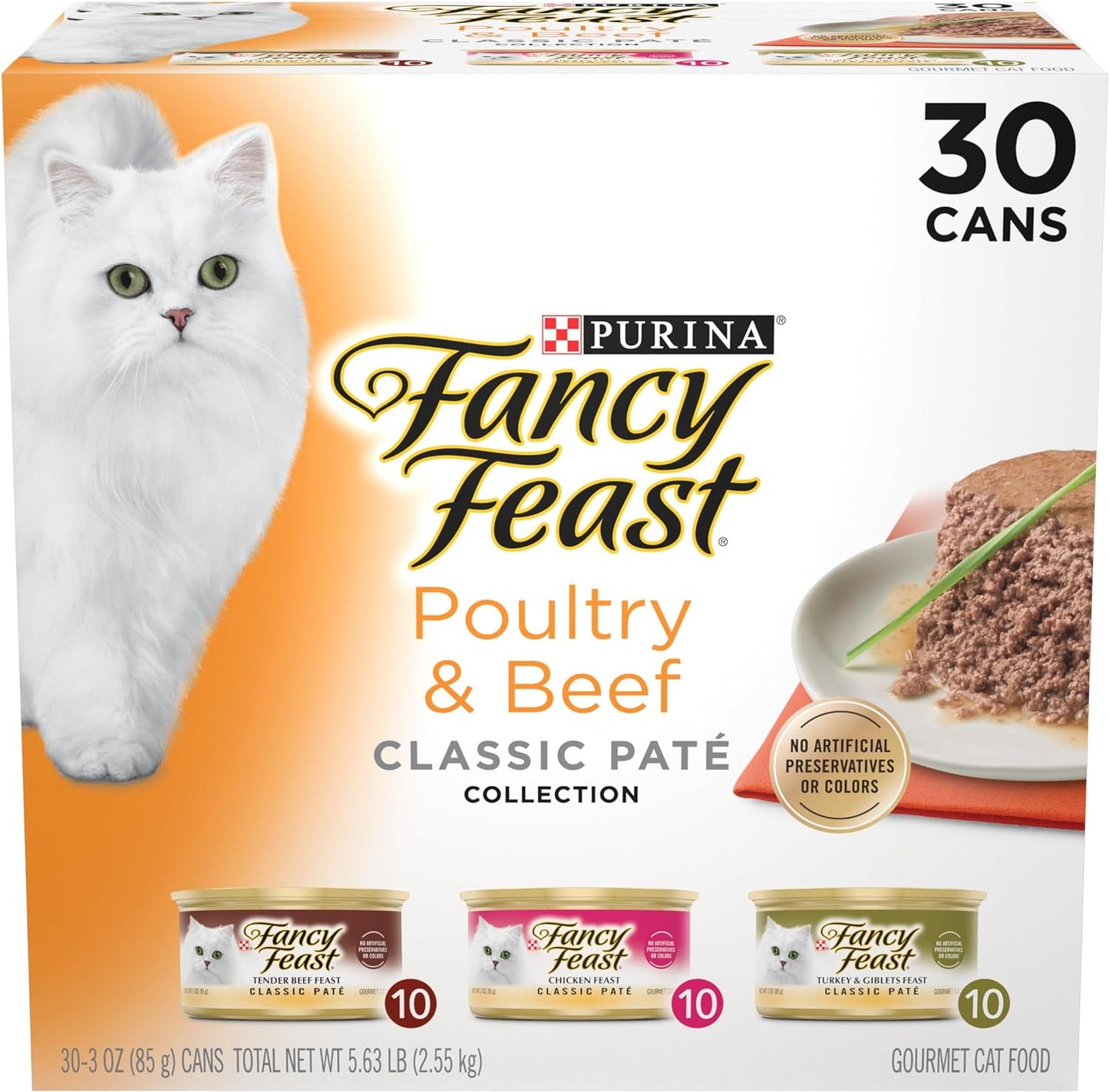 Fancy Feast Wet Cat Food Variety Pack - Grain Free Poultry & Beef Pate - 30 Cans, 3 oz Each