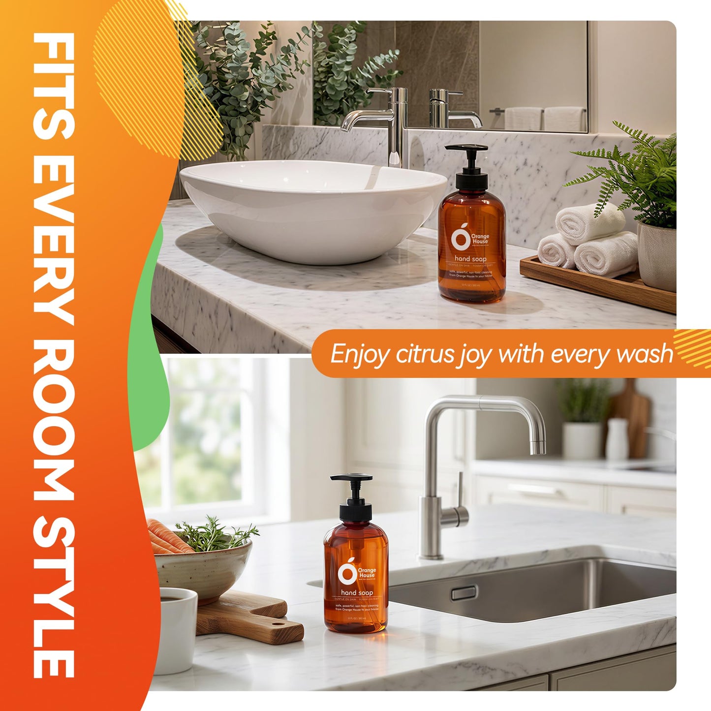 ORANGE HOUSE Natural Liquid Hand Soap, Food-Grade Orange Oil Moisturizing Hand Wash, Plant-Based & Hypoallergenic, Gentle for Sensitive Skin, Non-Toxic Citrus Scented Soap, 12 Fl Oz Pump Bottle