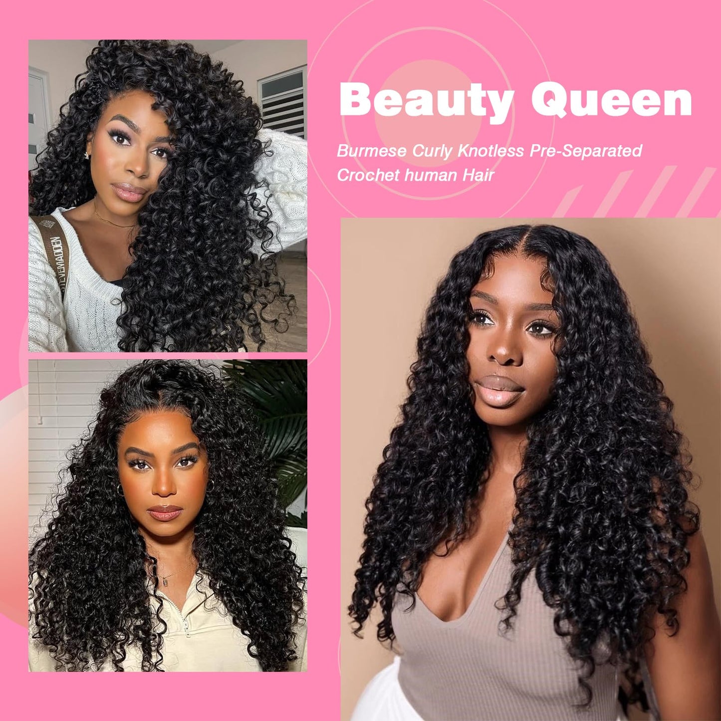 Beauty Queen Burmese Curly Crochet Human Hair 20 Inch 120g Knotless Pre-Separated Feather Human Hair Crochet Bundles 3C4A Lightweight Reusable Remy Hair Extensions for Women Natural Black Color